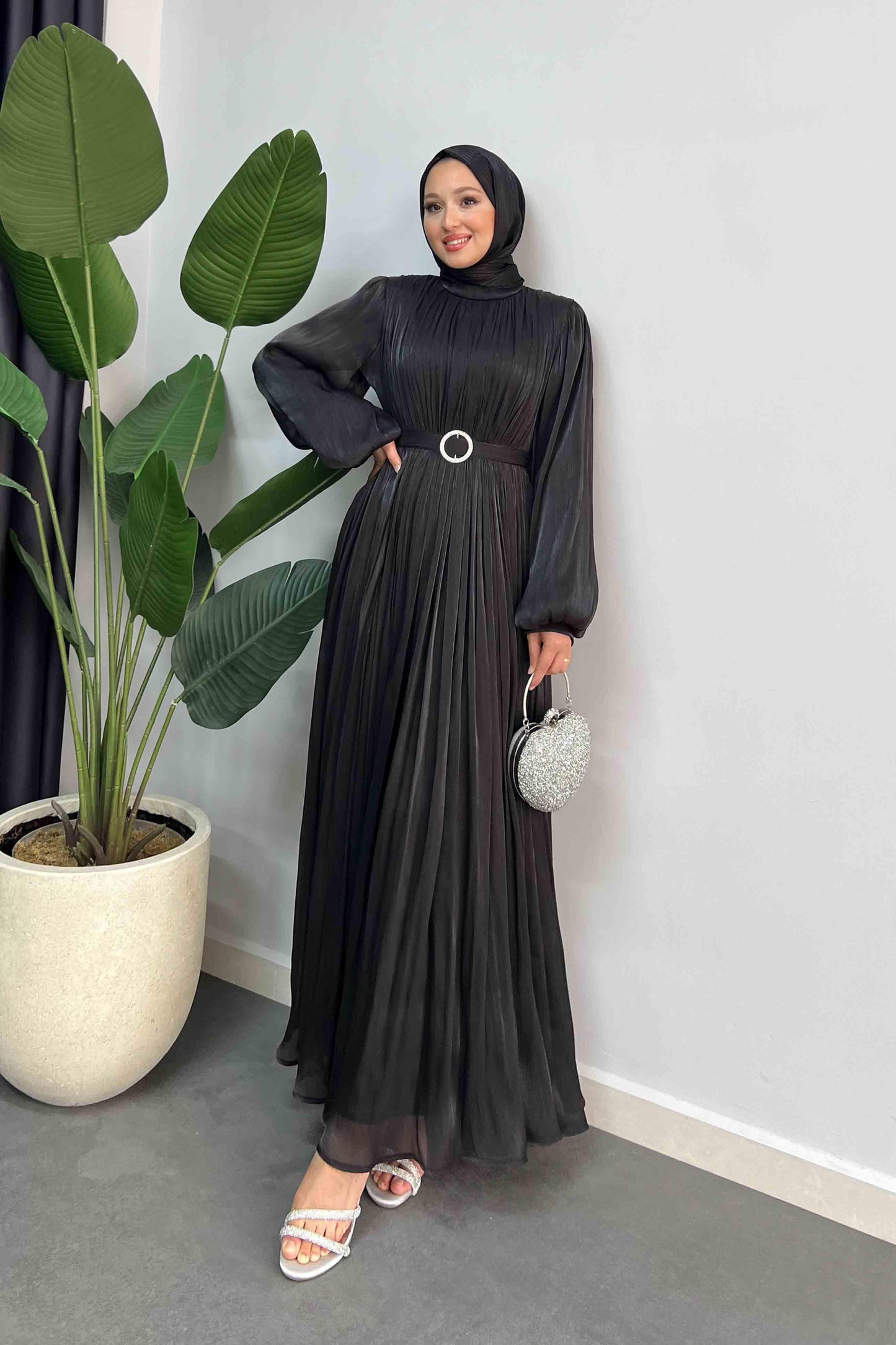 Gold Deren Abiye Elbise Siyah