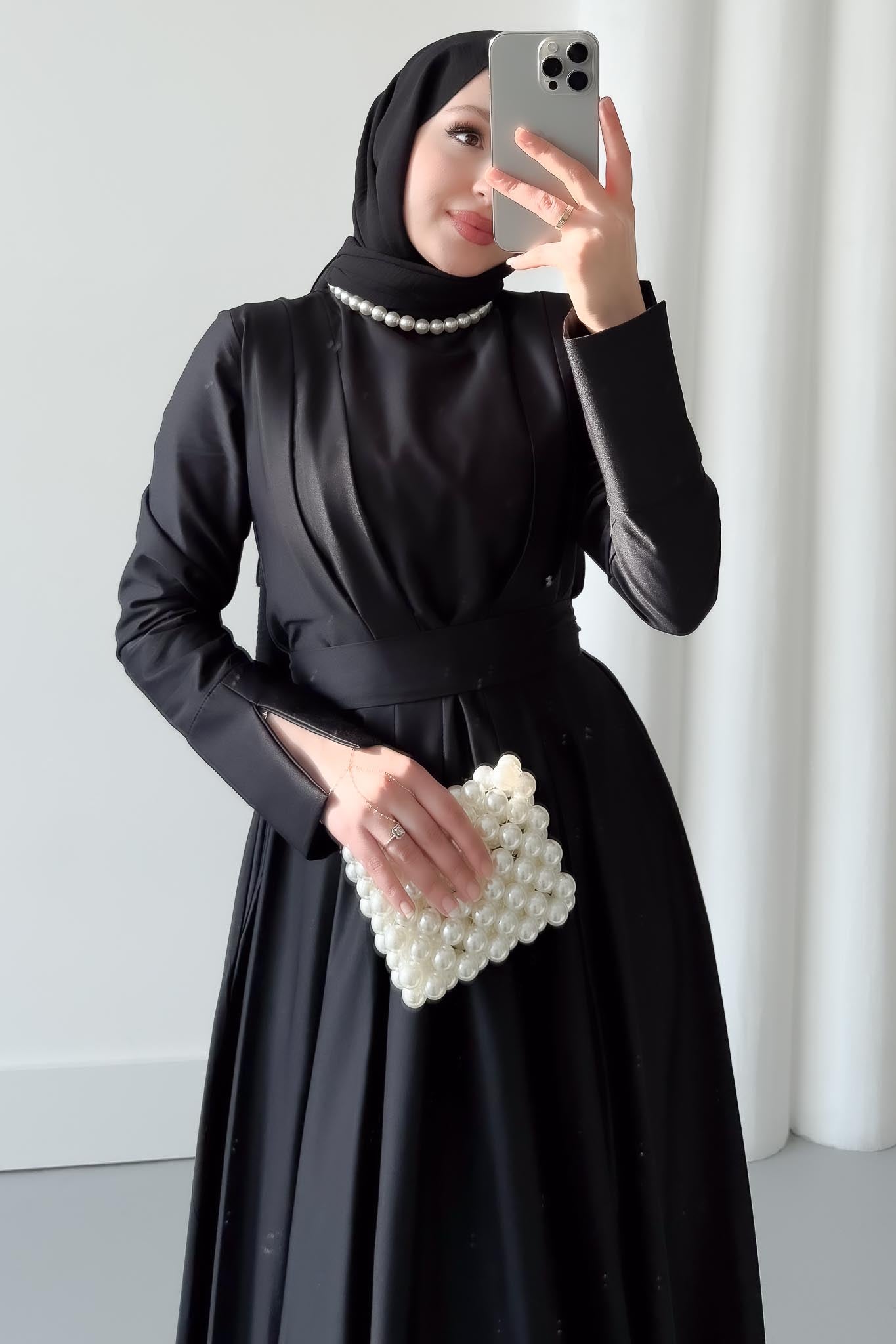 Gül Motifli Elbise Siyah