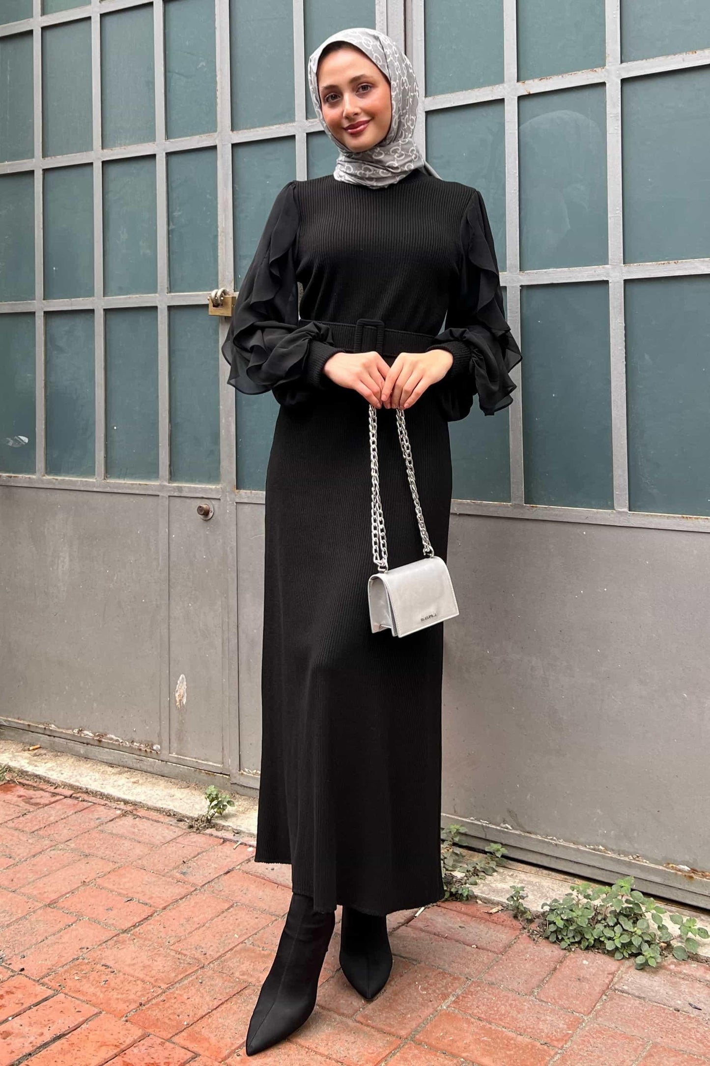 İnci Şifon Kollu Triko Elbise