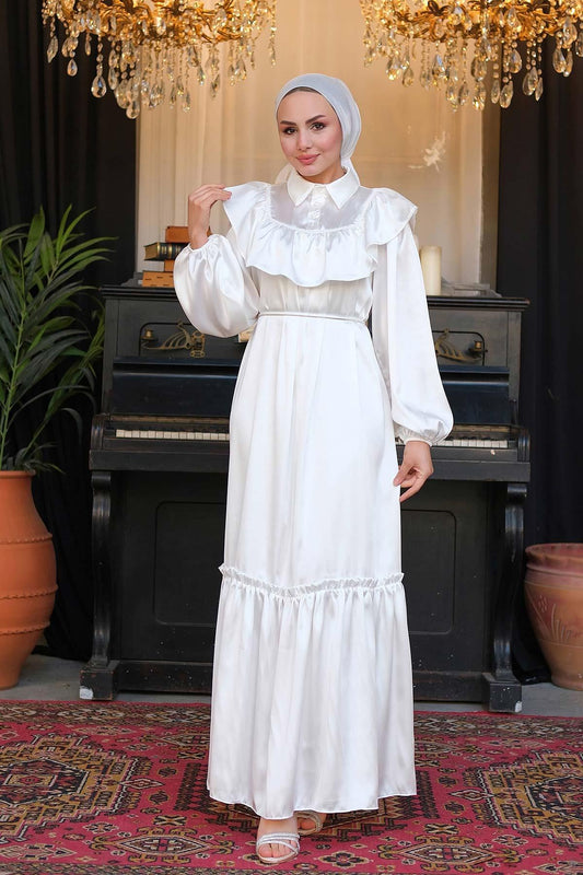 İpek Saten Dantelli Elbise Beyaz