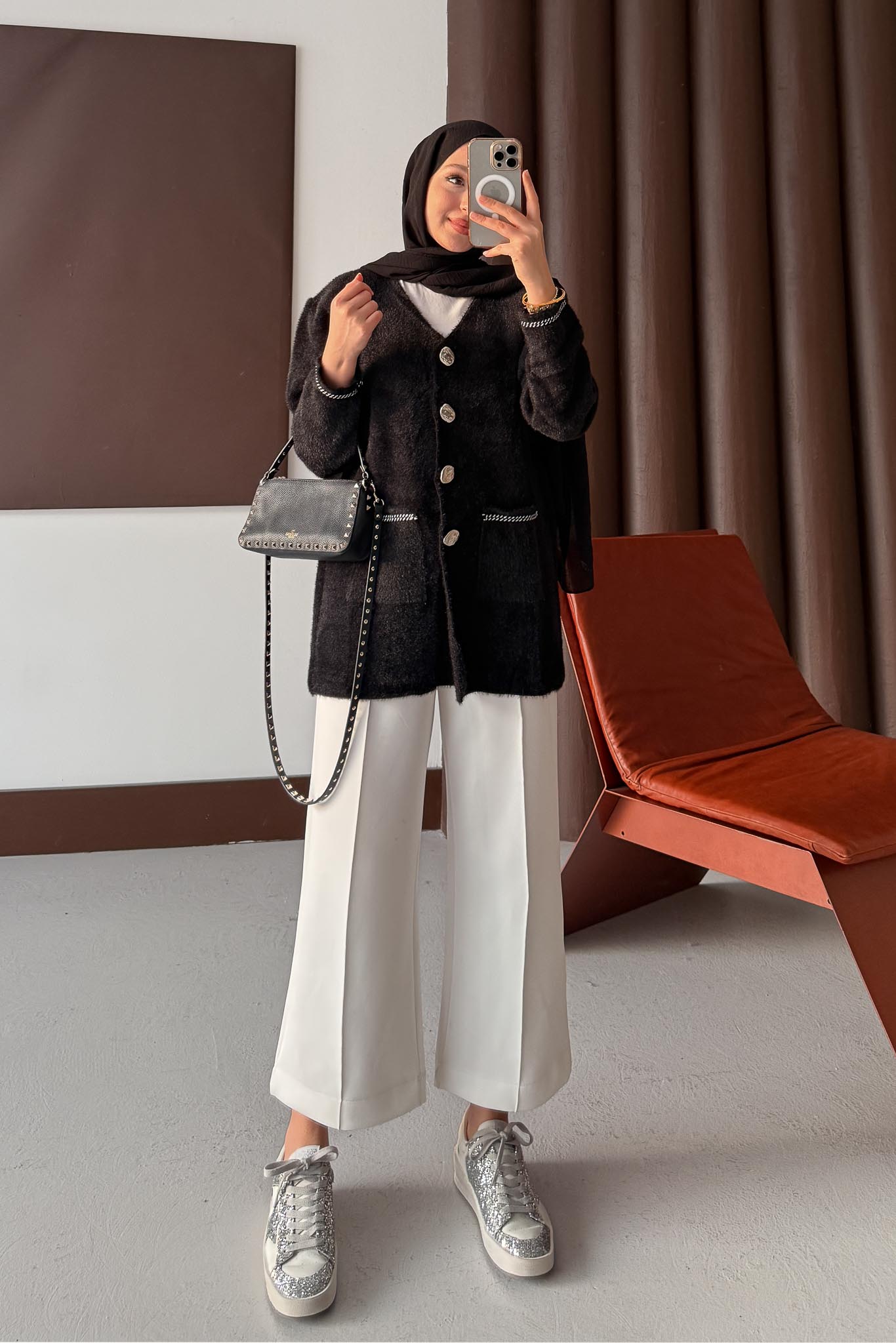 Gold Varaklı Angora Hırka Siyah