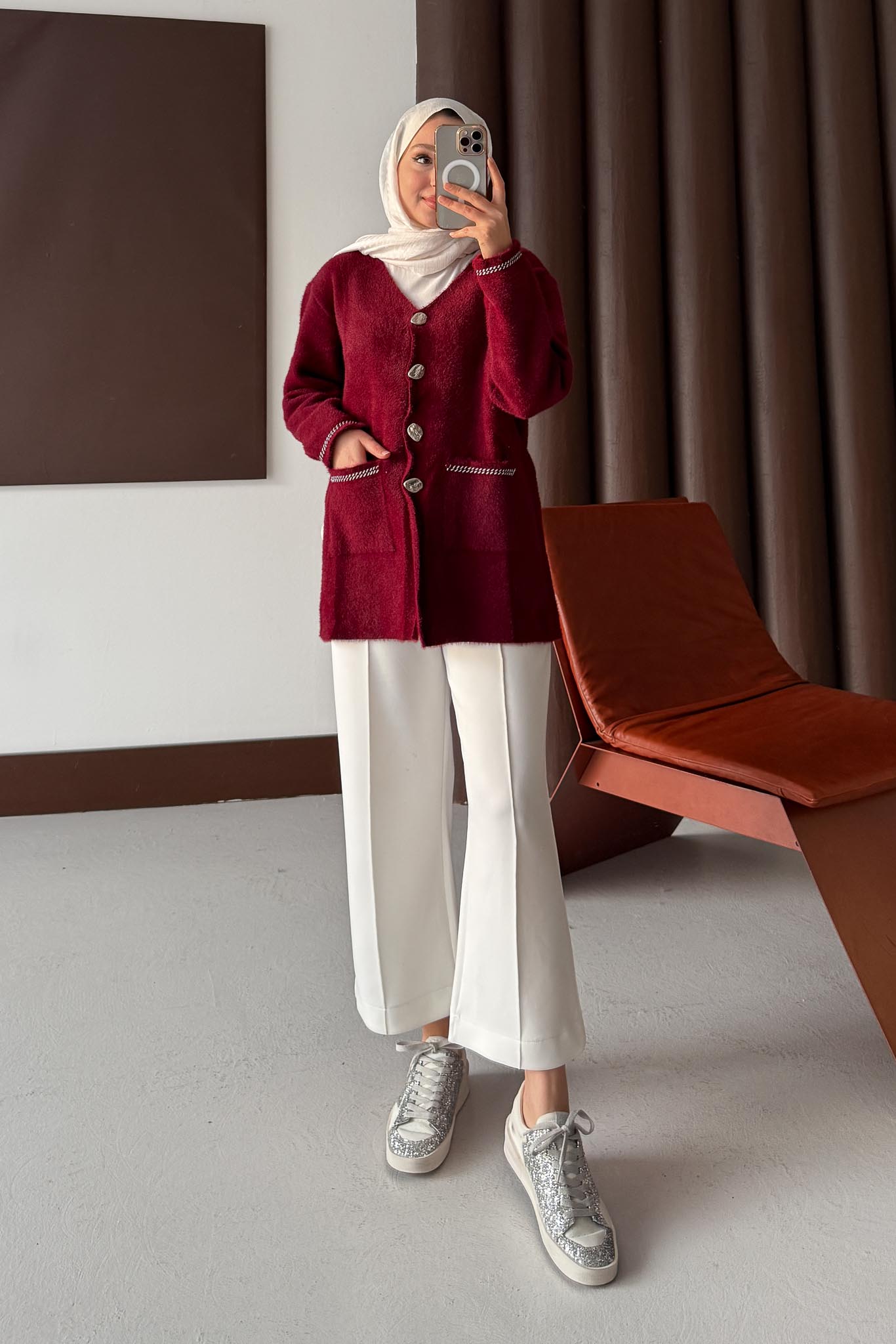 Gold Varaklı Angora Hırka Bordo