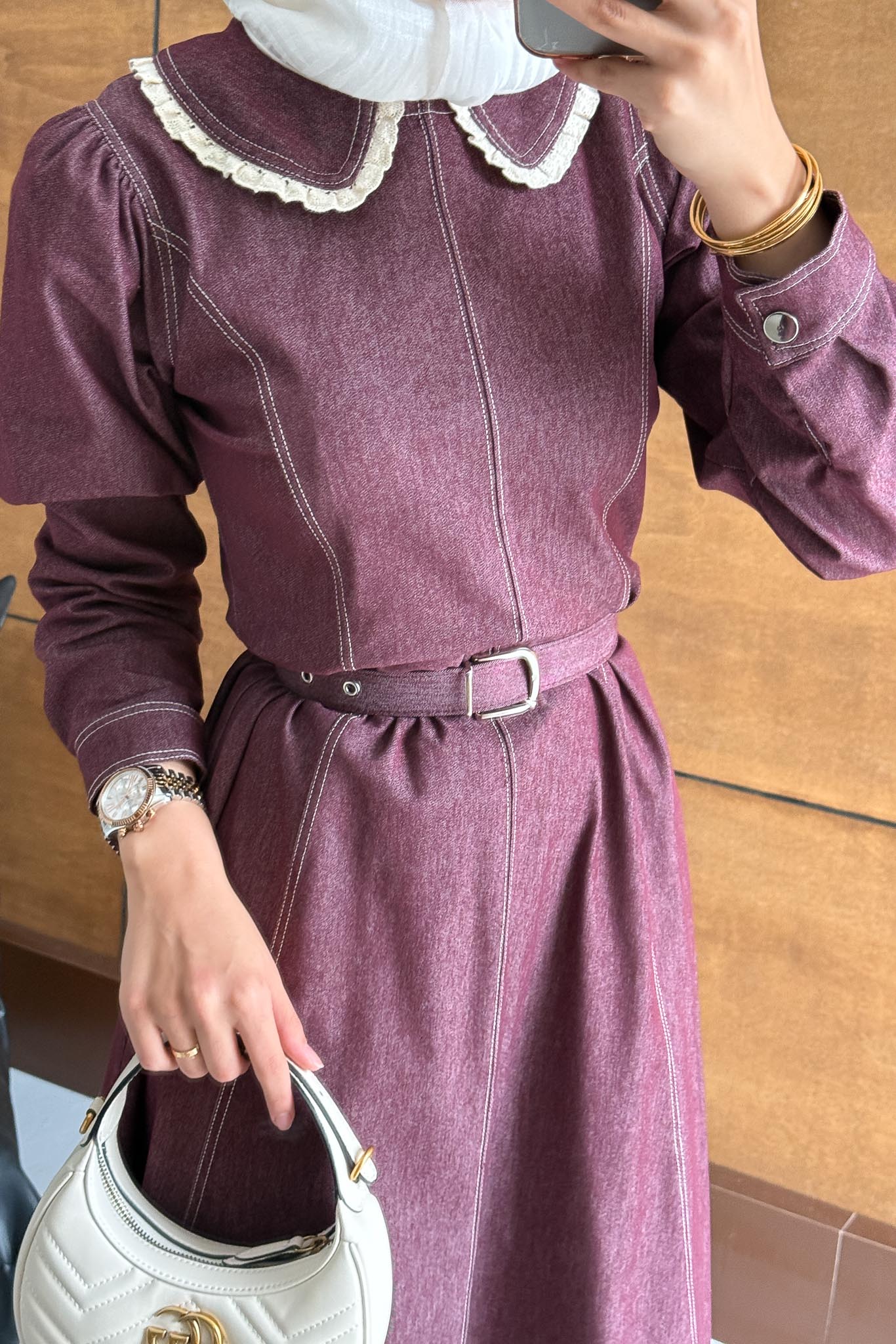 Yakalı Kot Elbise Fuşya