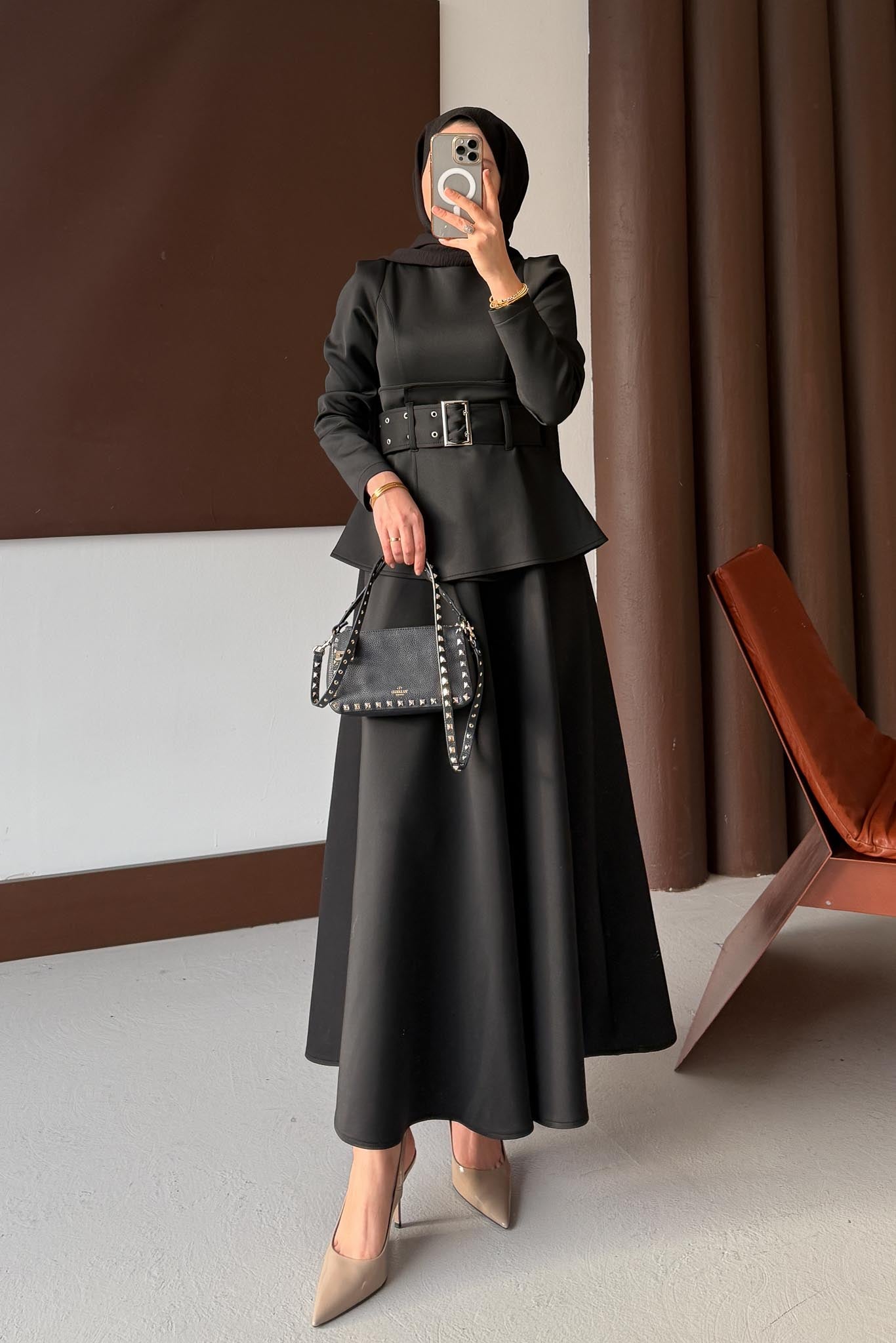 Kemerli Düğmeli Elbise Siyah