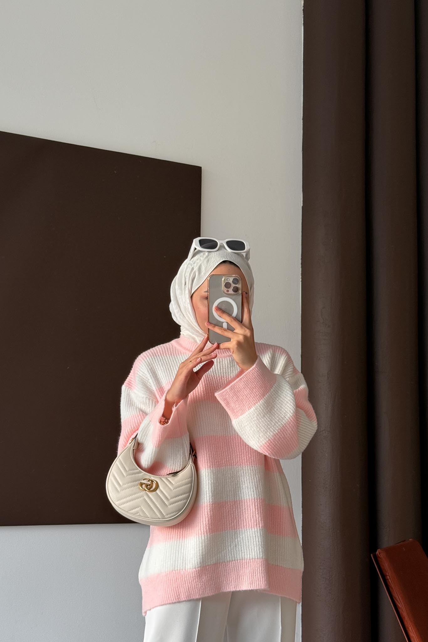 Oversize Çizgi Triko Tunik Pembe