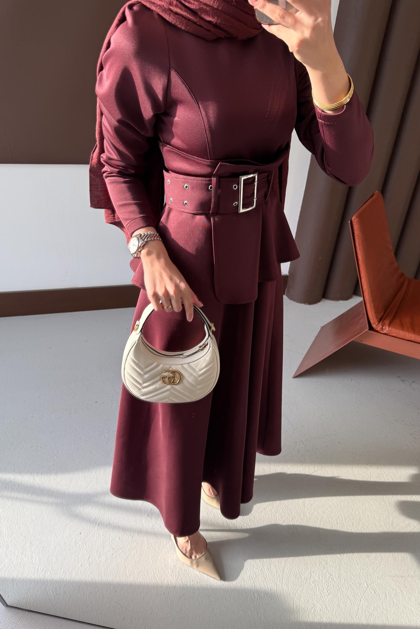 Kemerli Düğmeli Elbise Bordo