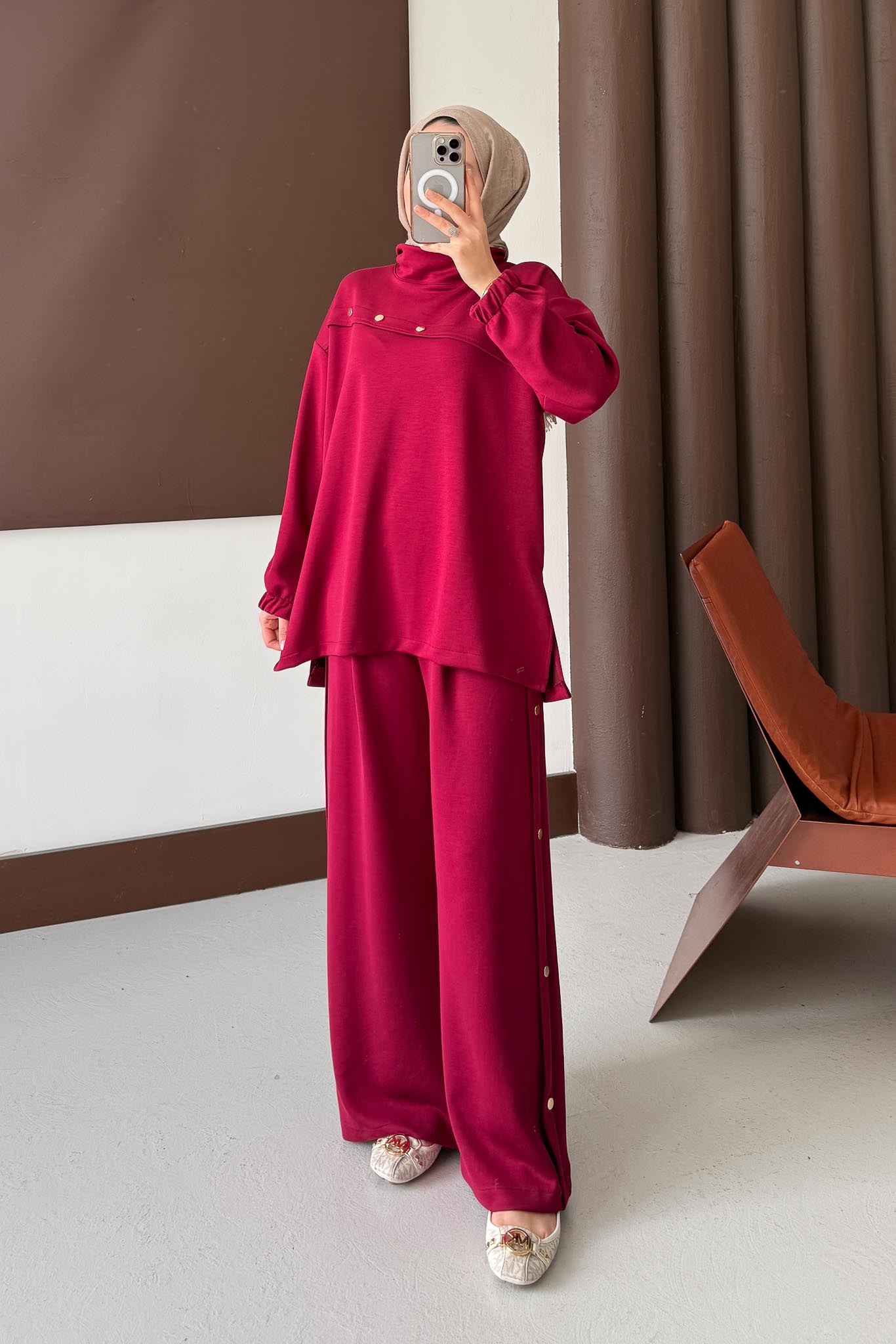 Nyla Düğmeli Takım Bordo