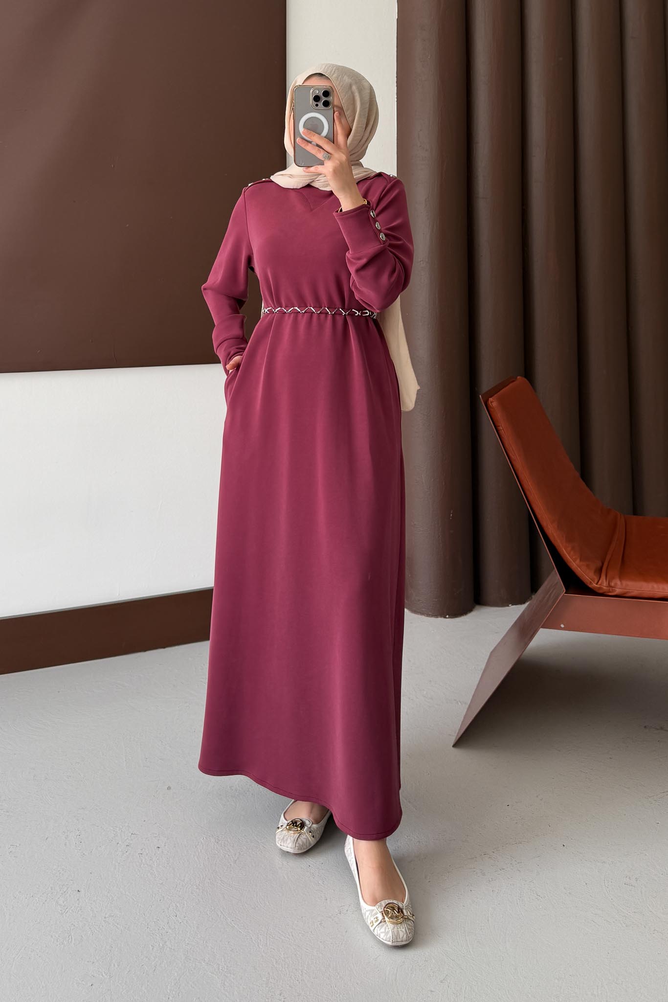 Berna Düğmeli Elbise Bordo