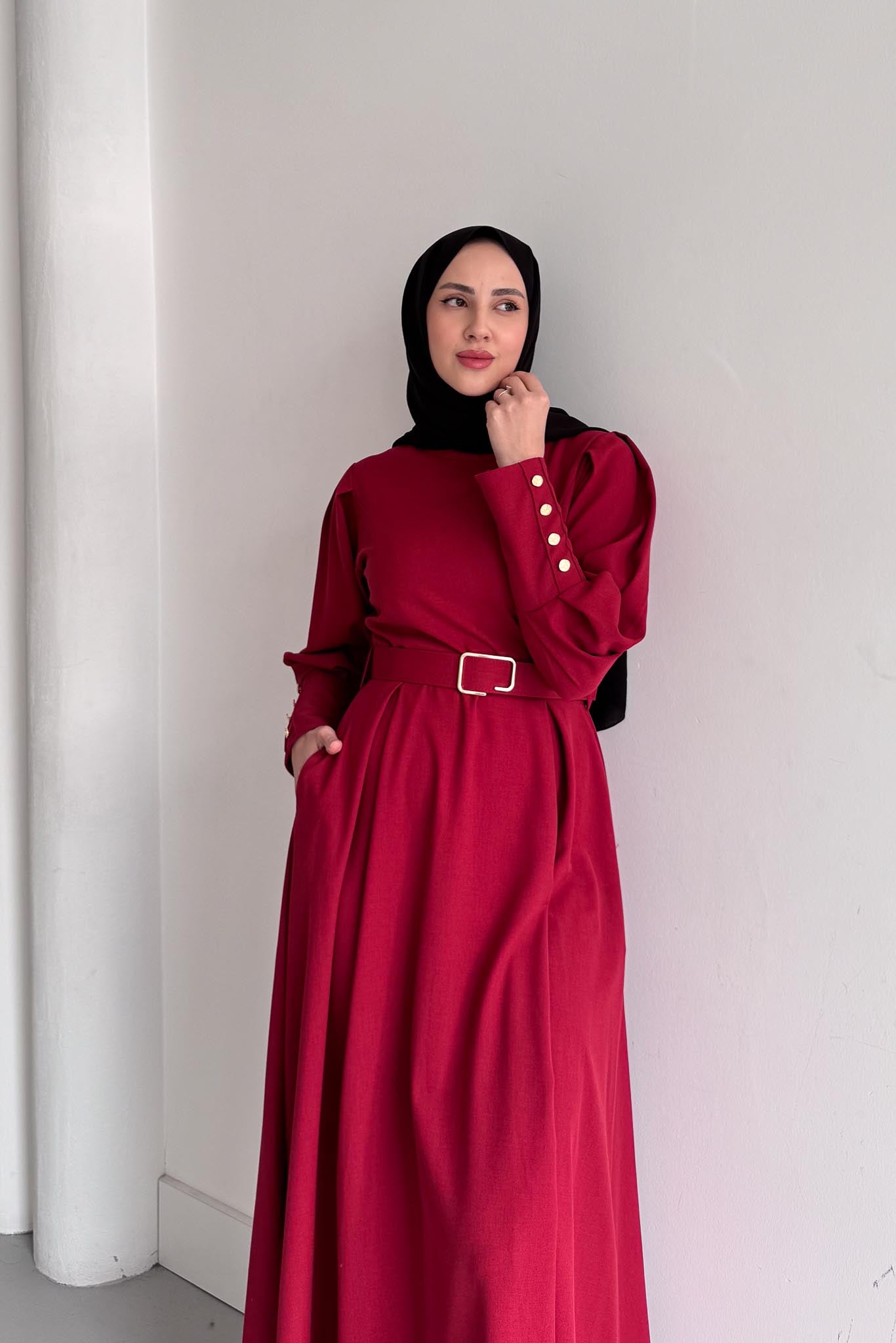 Kemerli Elbise Bordo