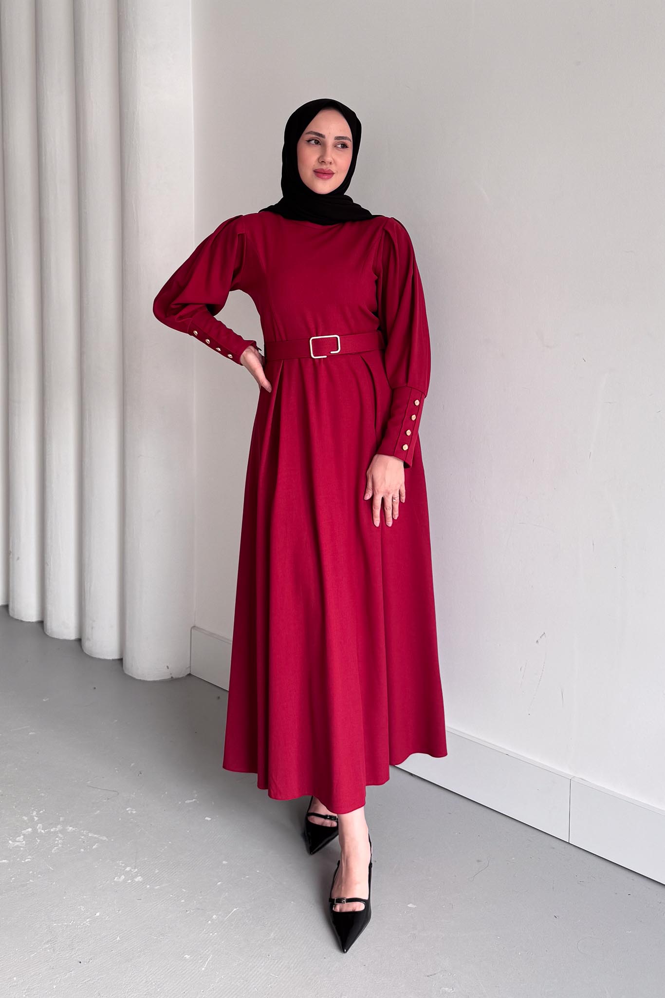 Kemerli Elbise Bordo