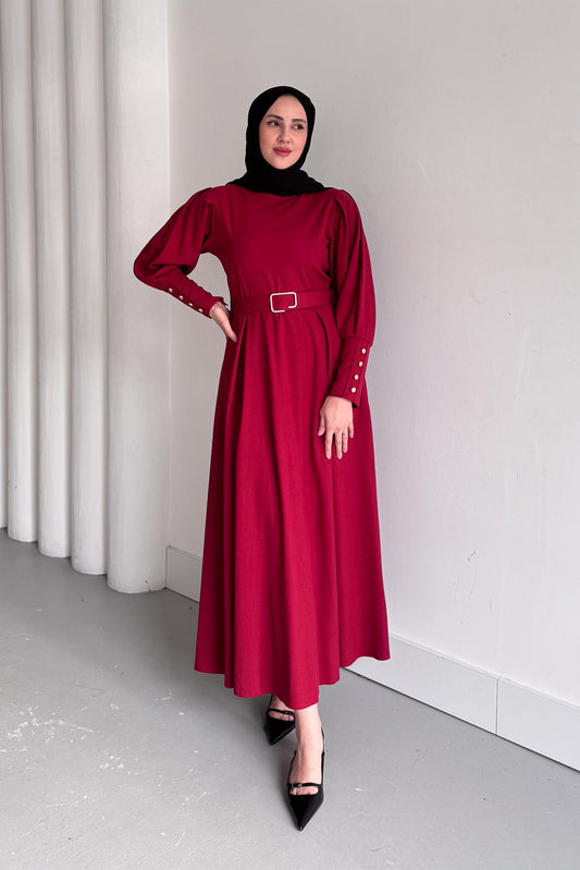 Kemerli Elbise Bordo