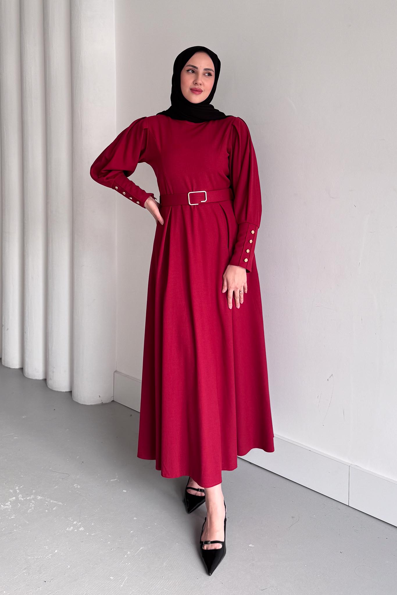 Kemerli Elbise Bordo