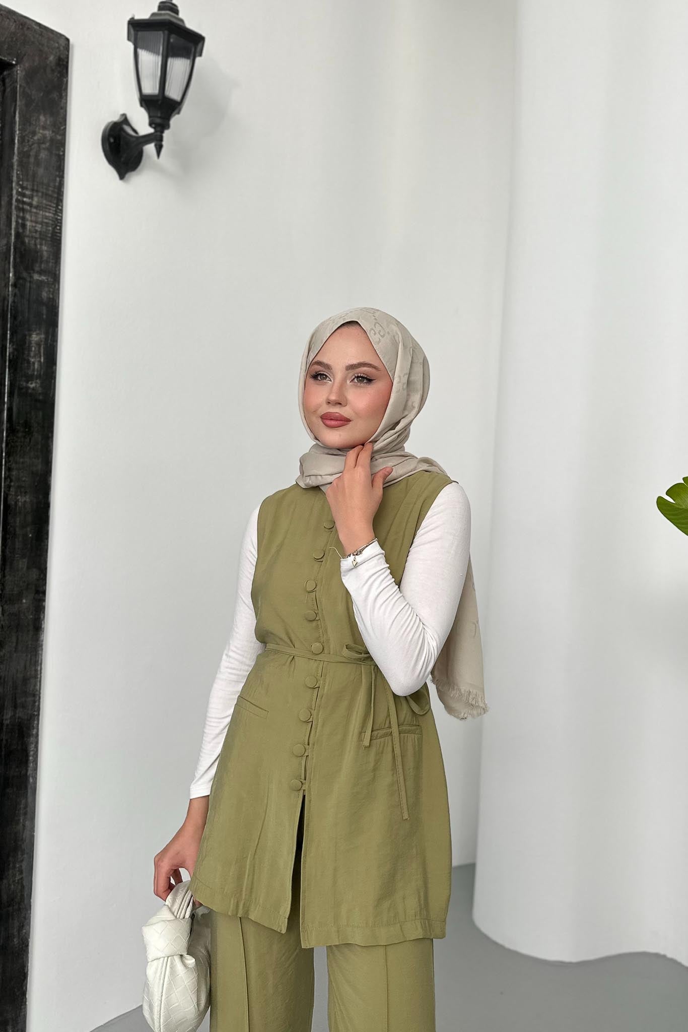 Düğmeli Modal Takım Yağ Yeşili