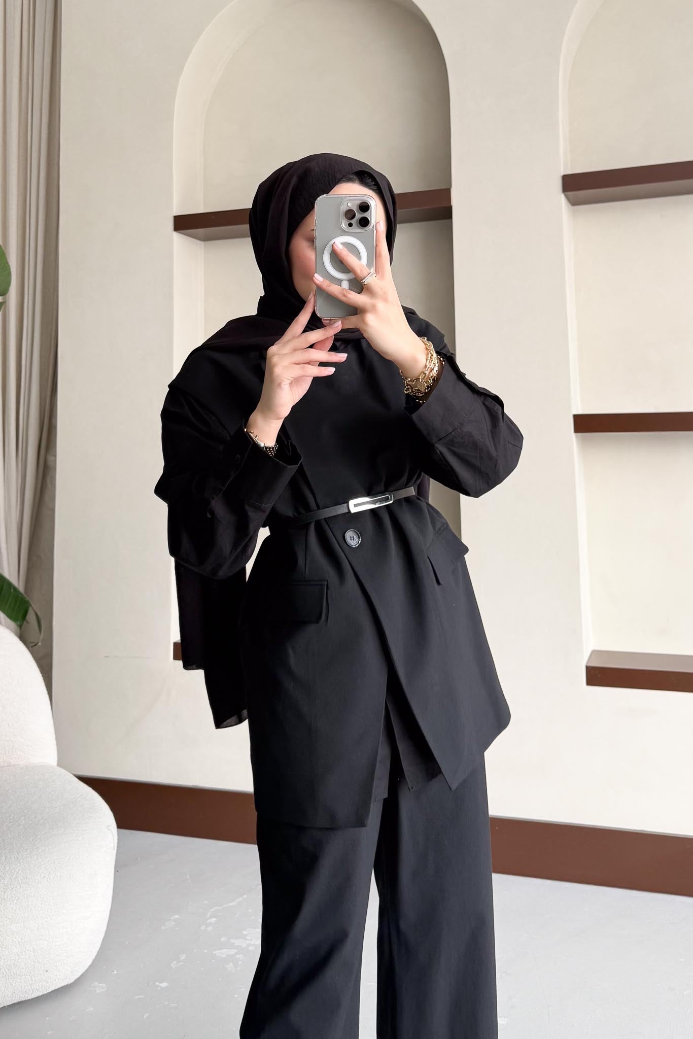 Karen Çift Düğmeli Takım Siyah