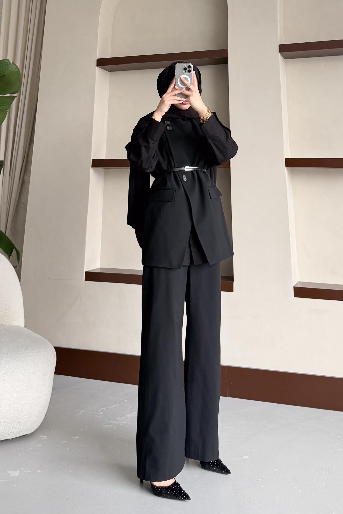 Karen Çift Düğmeli Takım Siyah