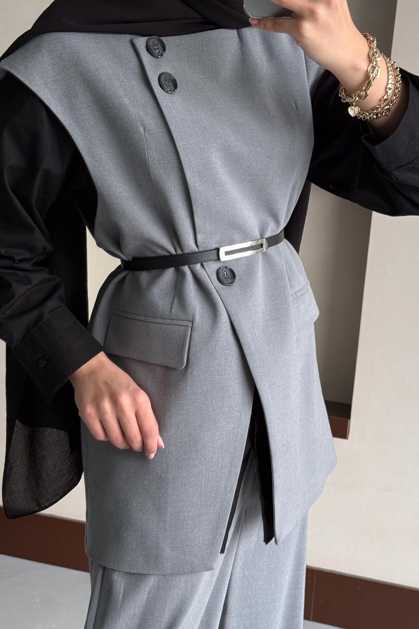 Karen Çift Düğmeli Takım Açık Gri