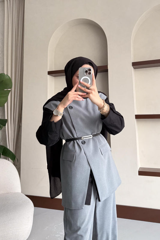 Karen Çift Düğmeli Takım Açık Gri