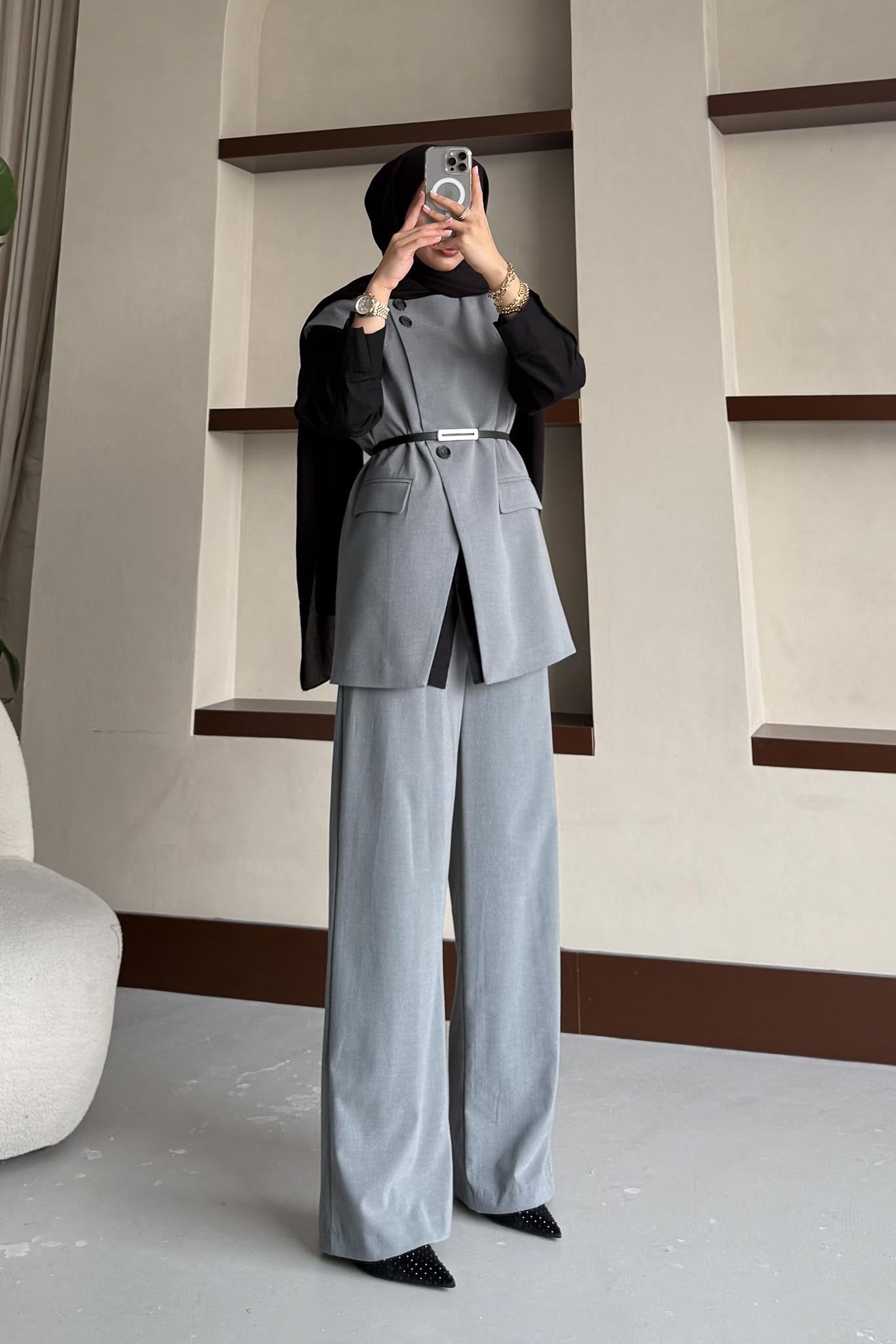 Karen Çift Düğmeli Takım Açık Gri