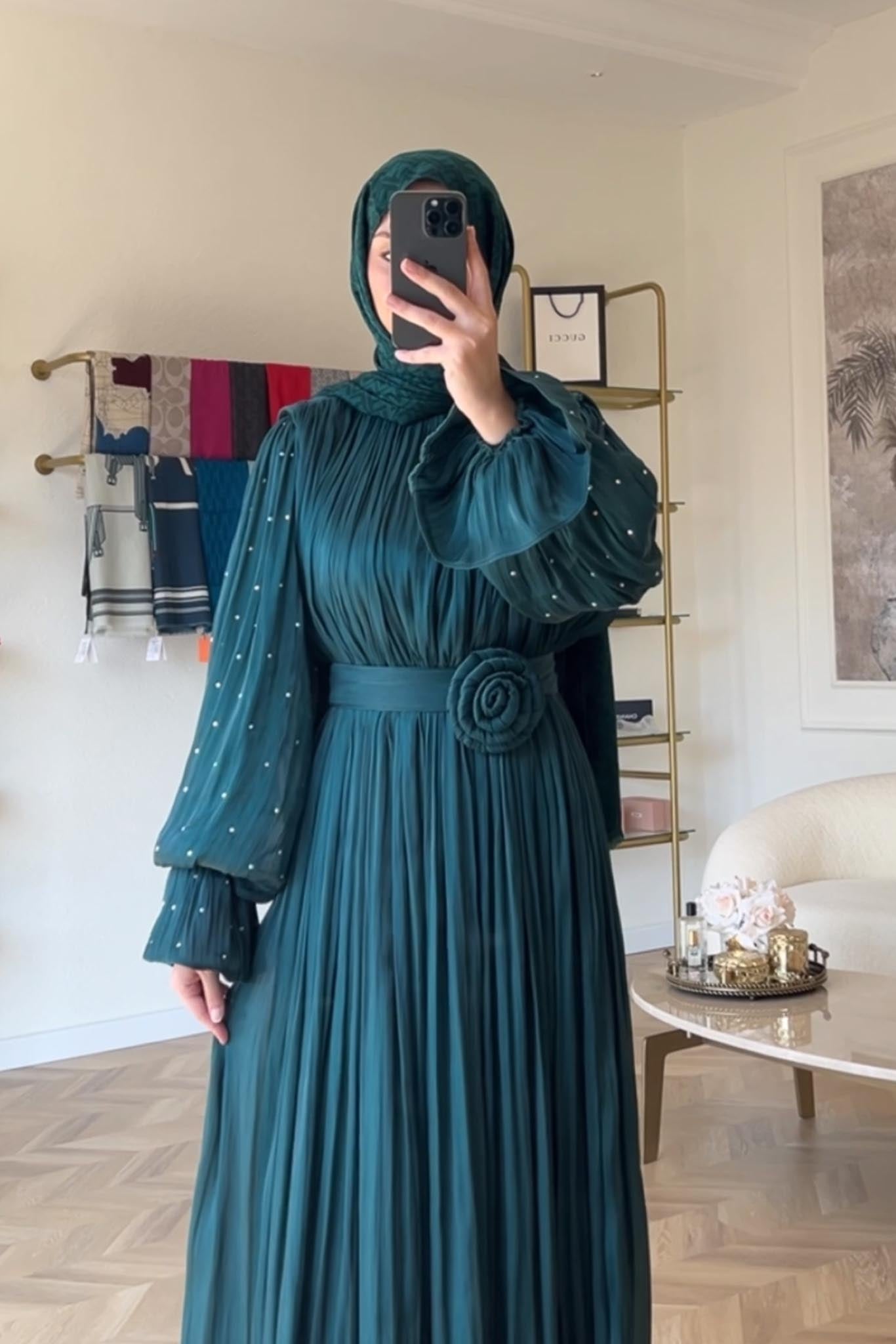 Maria İpek Taşlı Elbise Zümrüt