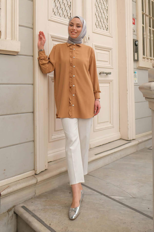 Marie Fırfırlı Gömlek Taba