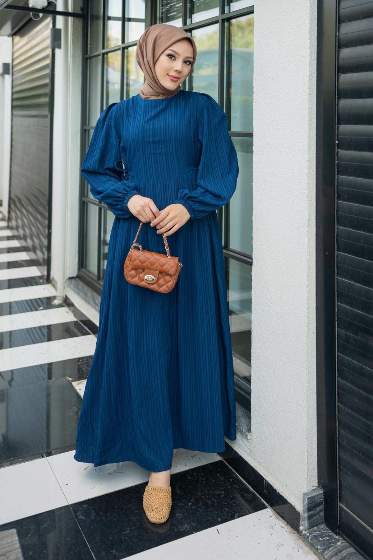 Melodi Pamuk Keten Elbise Lacivert