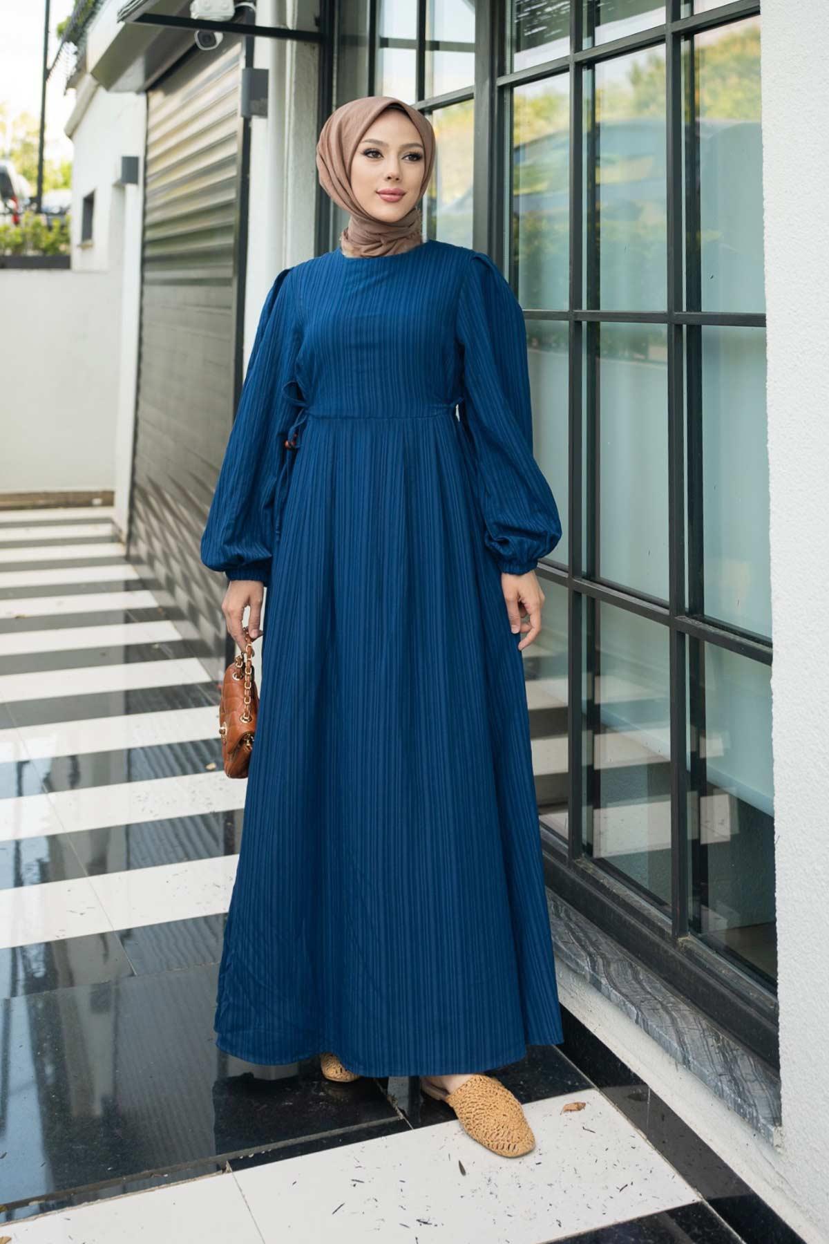 Melodi Pamuk Keten Elbise Lacivert