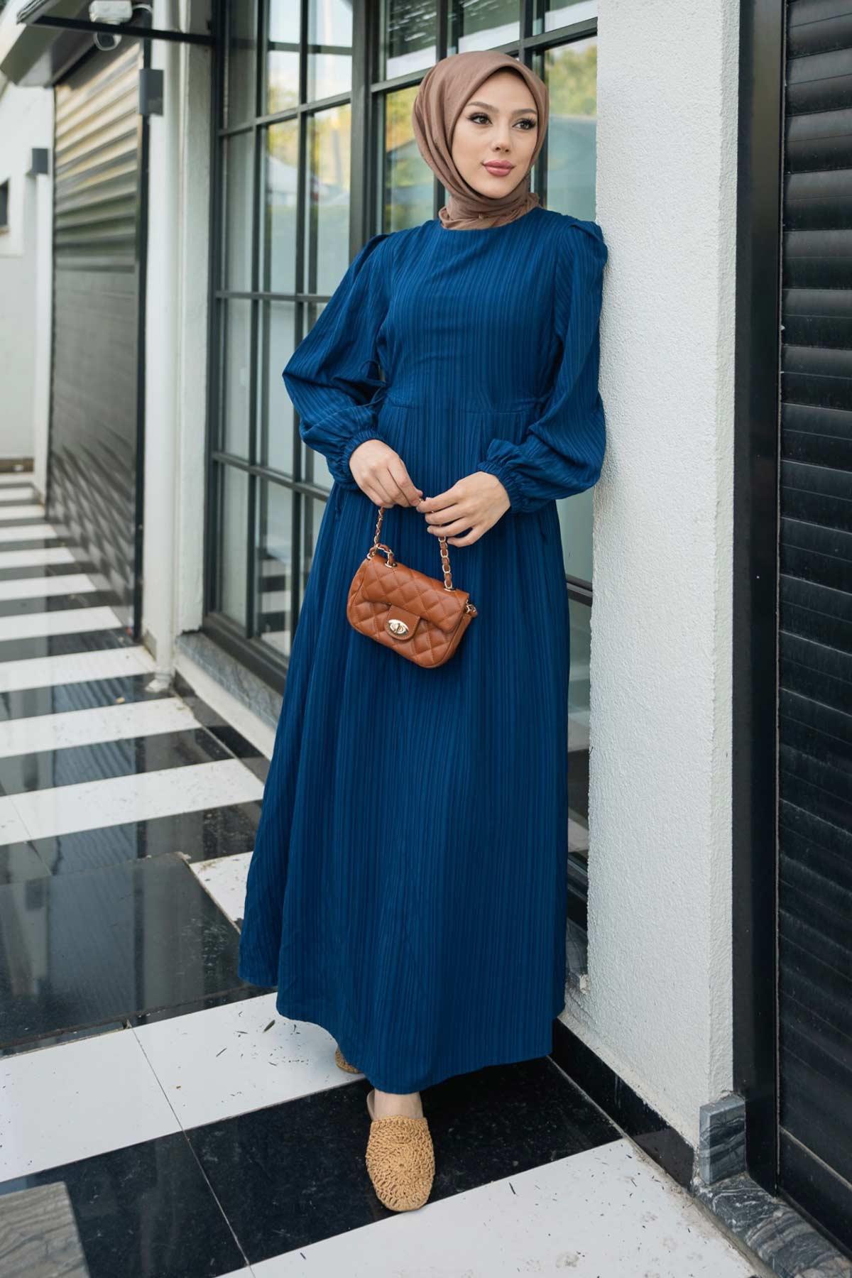 Melodi Pamuk Keten Elbise Lacivert