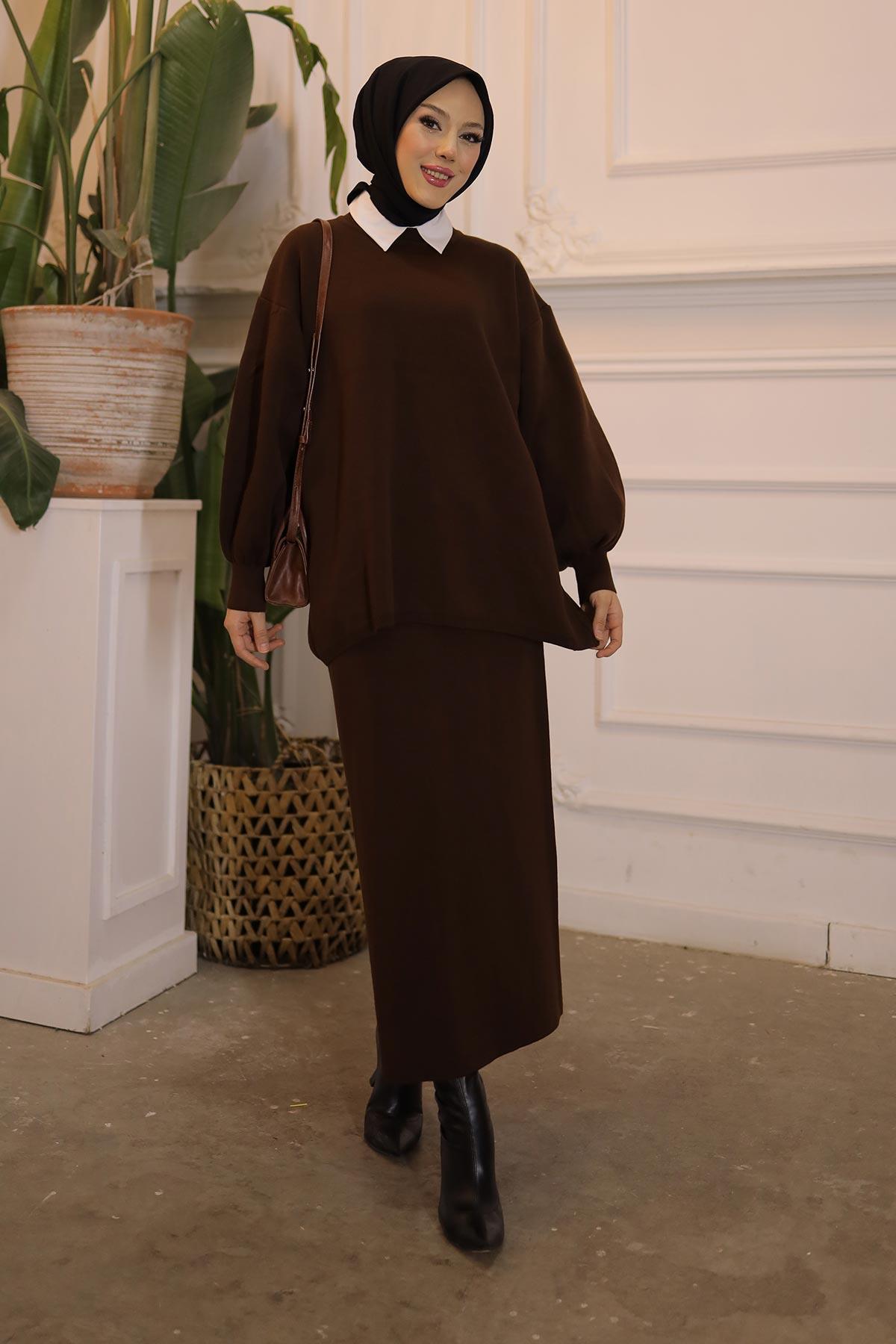 Minimal Balon Kollu Takım Kahverengi