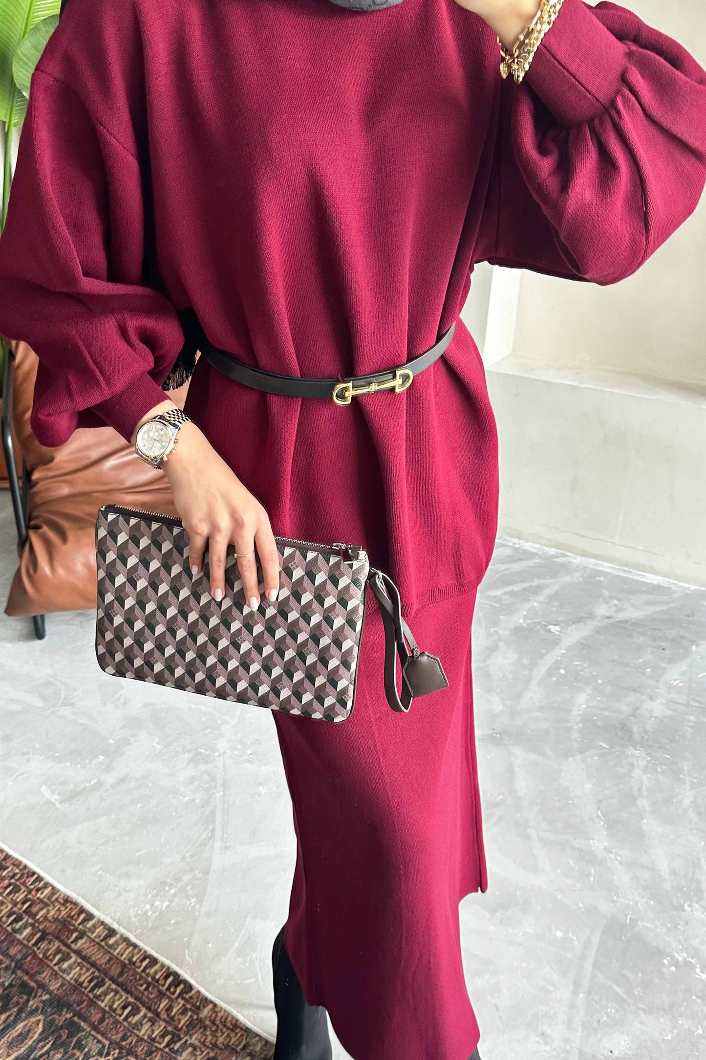 Minimal Balon Kollu Takım Bordo