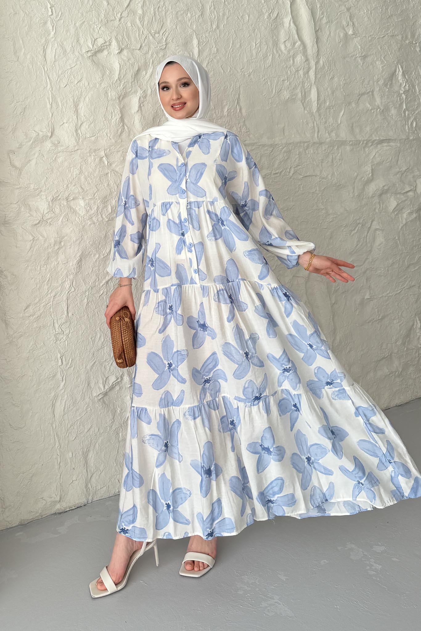 Çiçek Desenli Elbise Bebe Mavi