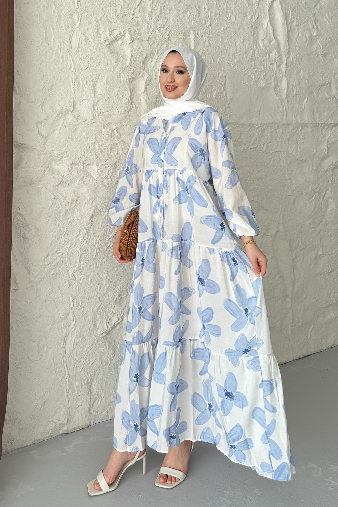 Çiçek Desenli Elbise Bebe Mavi