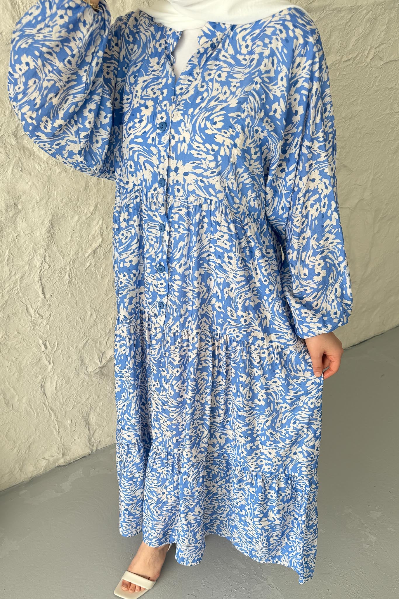 Papatya Desenli Elbise Mavi