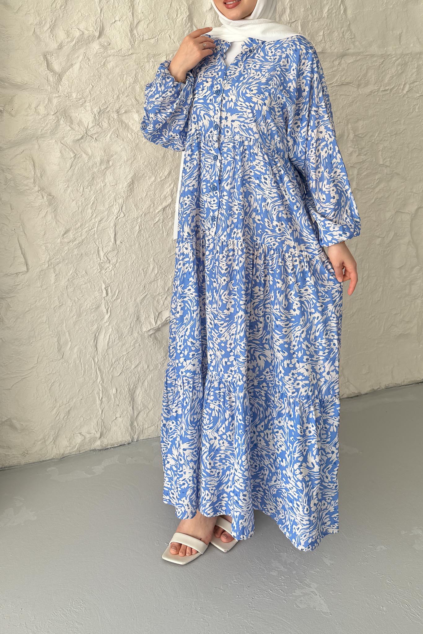 Papatya Desenli Elbise Mavi