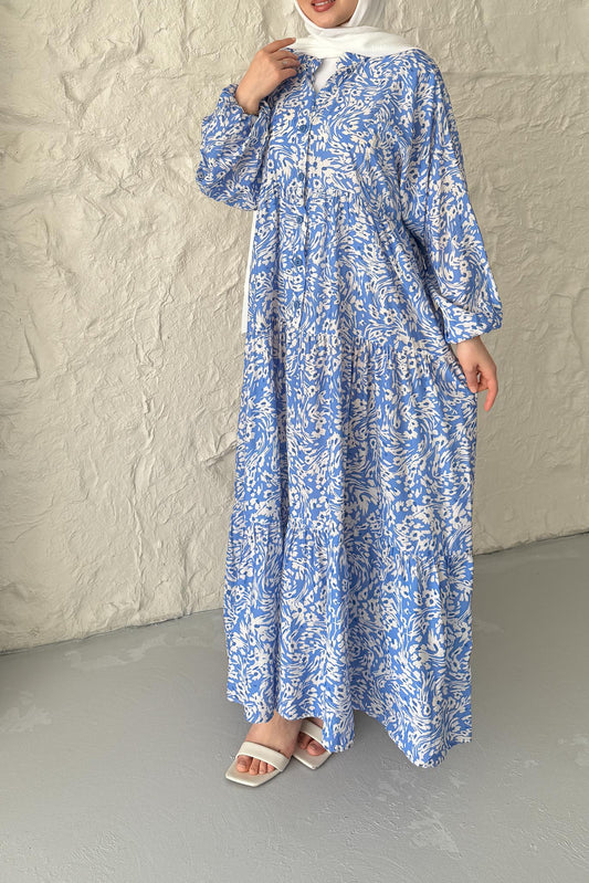 Papatya Desenli Elbise Mavi