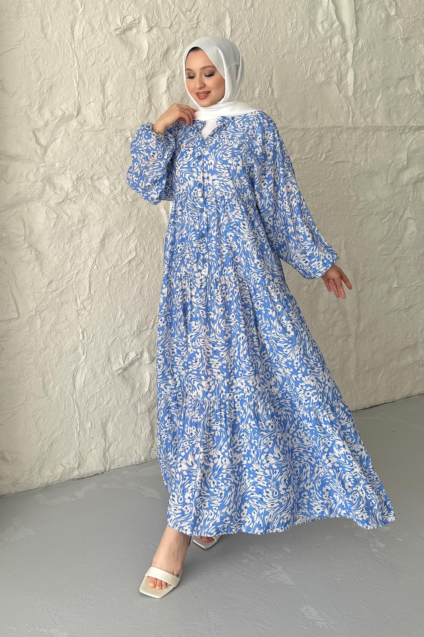 Papatya Desenli Elbise Mavi