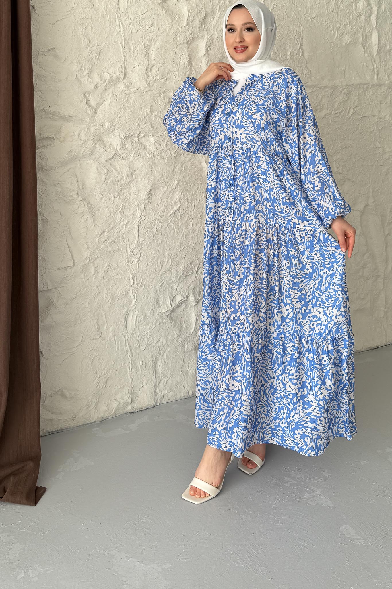 Papatya Desenli Elbise Mavi