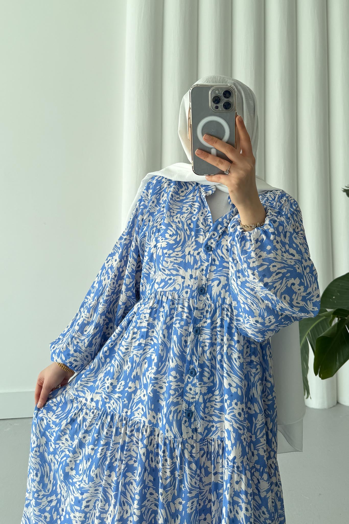 Papatya Desenli Elbise Mavi