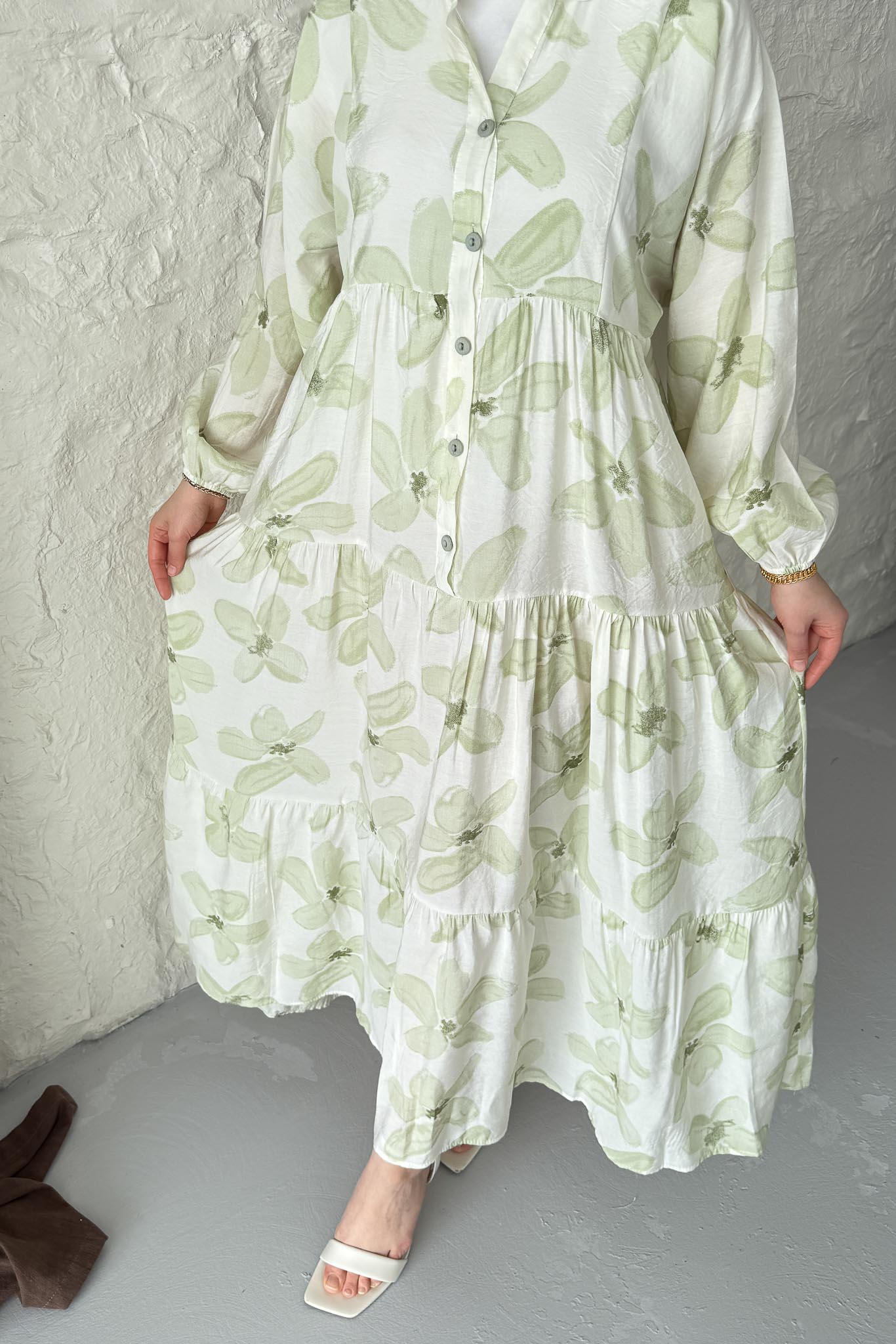 Çiçek Desenli Elbise Yeşil