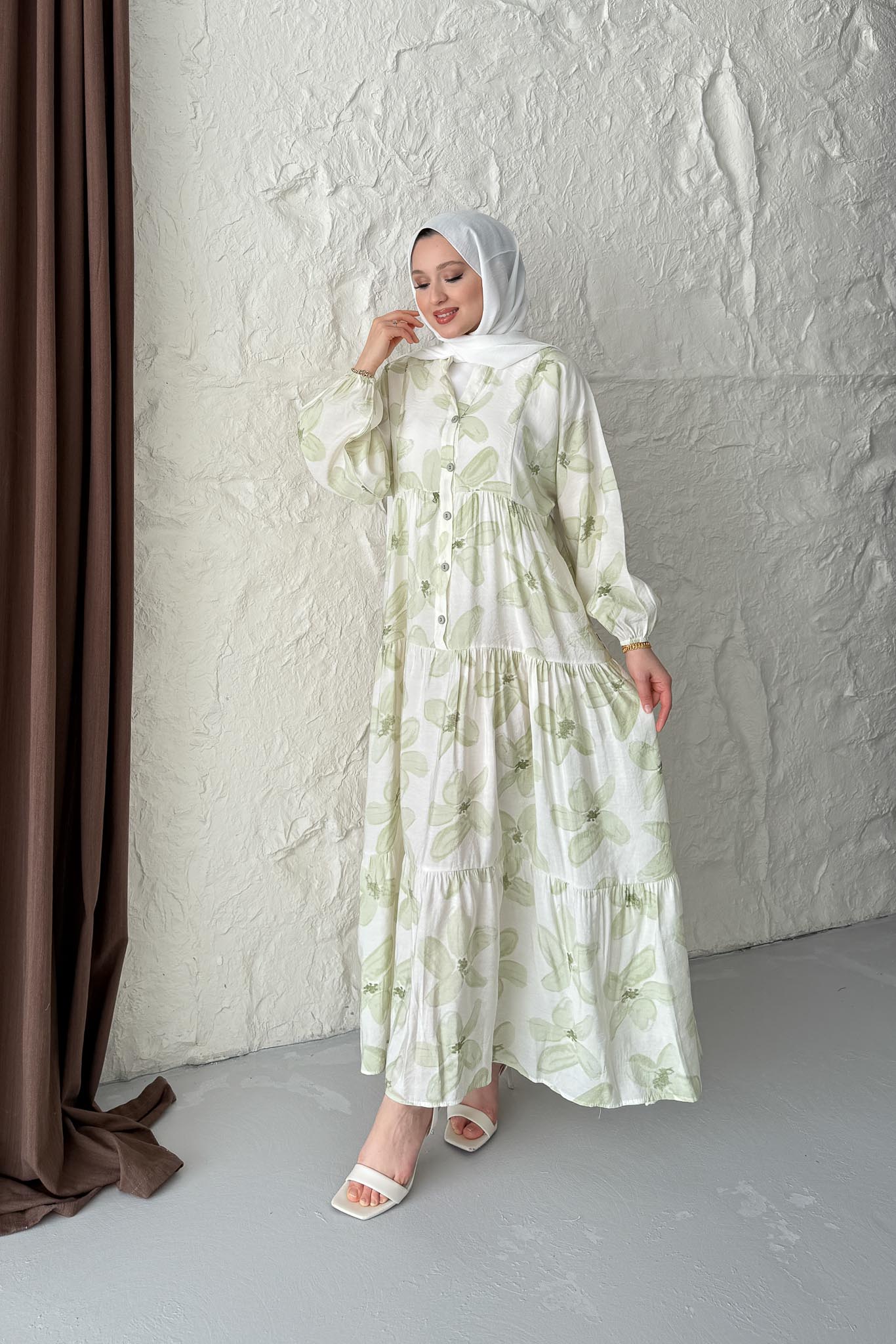 Çiçek Desenli Elbise Yeşil