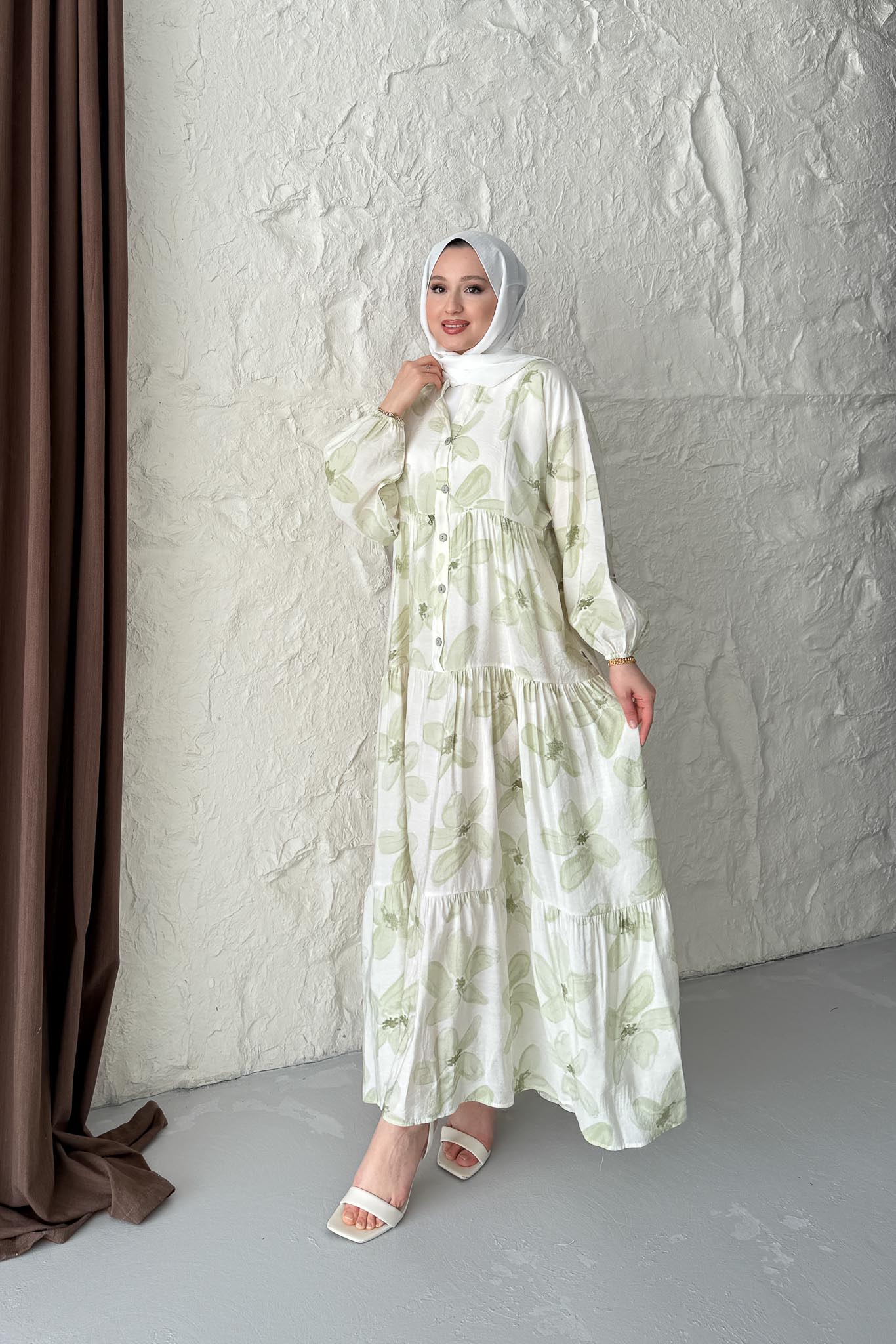 Çiçek Desenli Elbise Yeşil