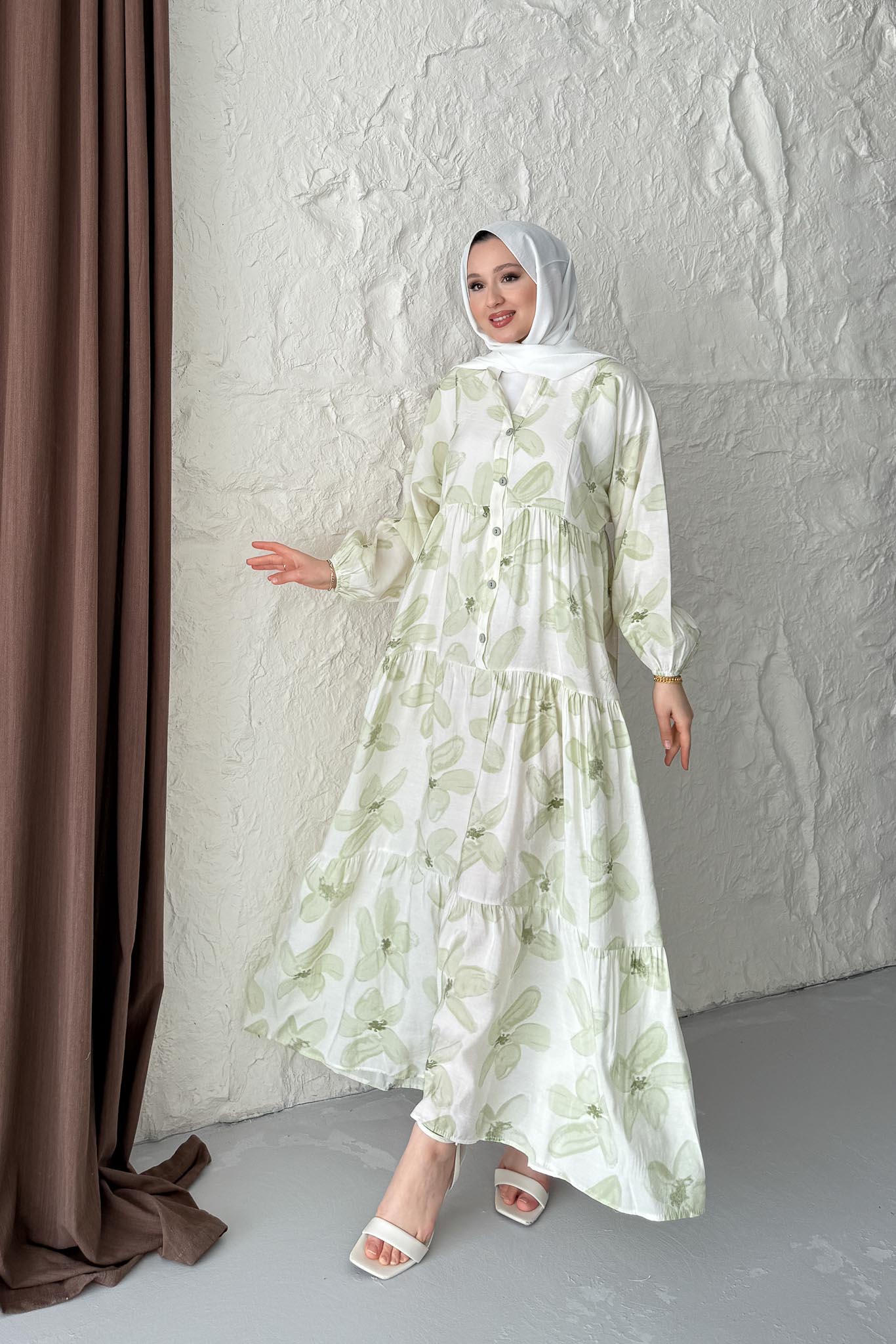 Çiçek Desenli Elbise Yeşil