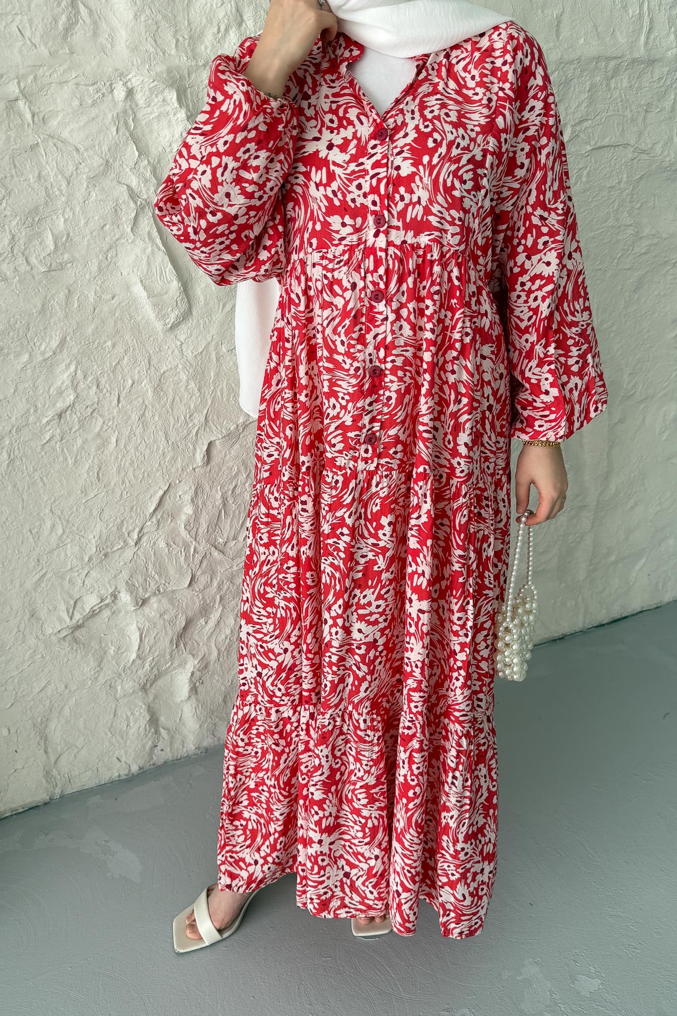 Papatya Desenli Elbise Fuşya