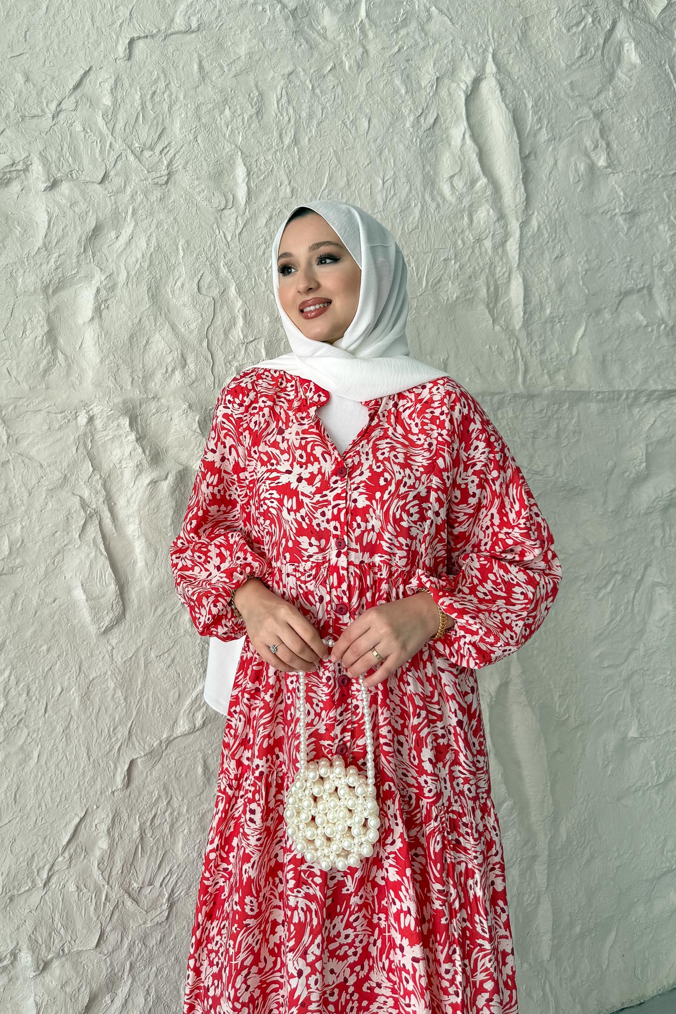 Papatya Desenli Elbise Fuşya