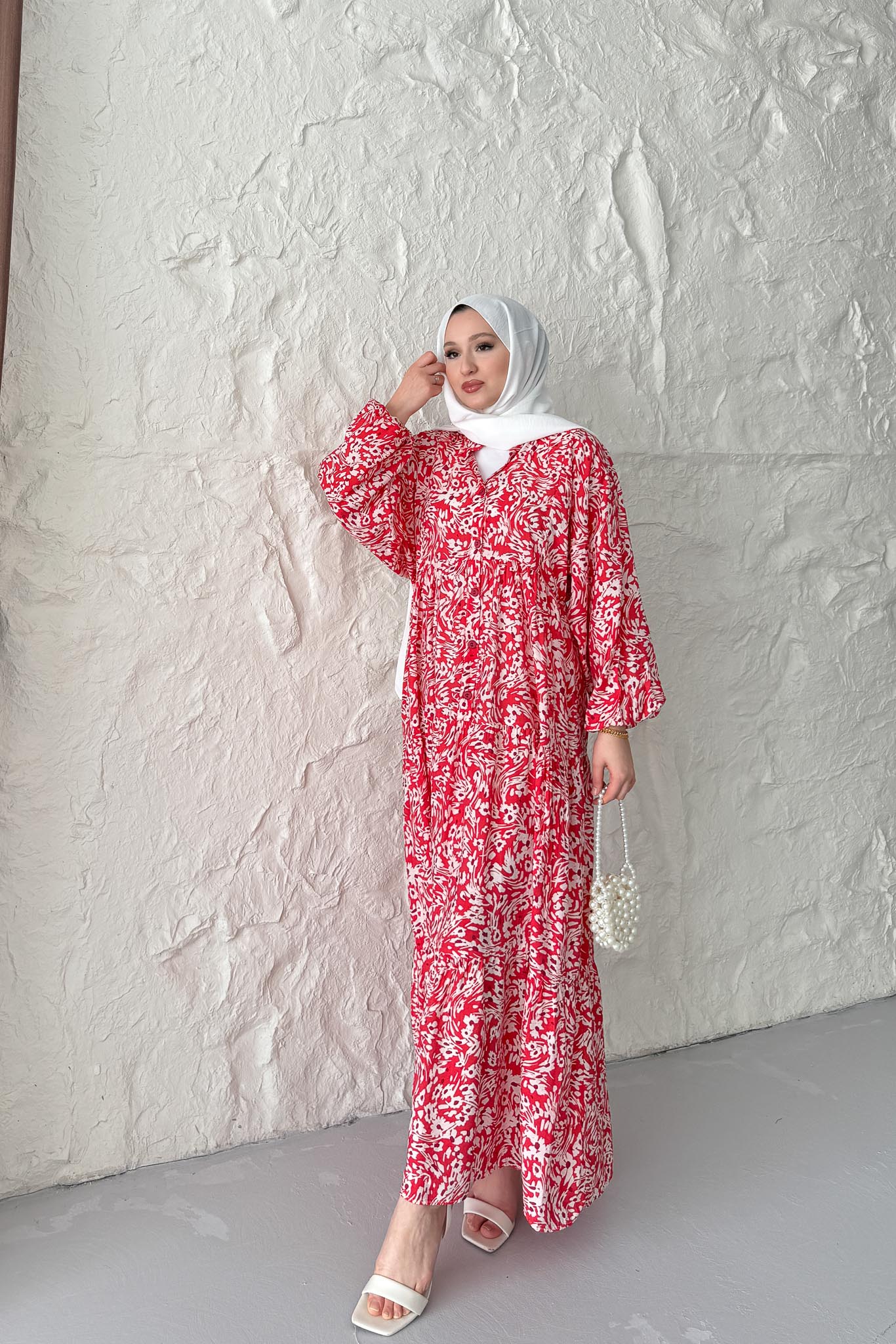 Papatya Desenli Elbise Fuşya