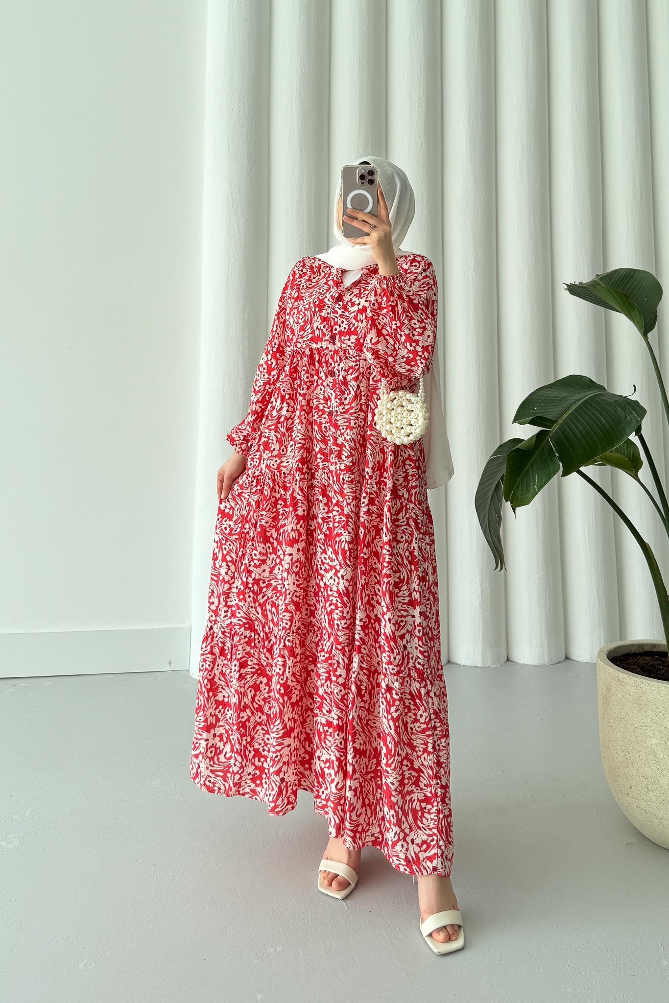 Papatya Desenli Elbise Fuşya