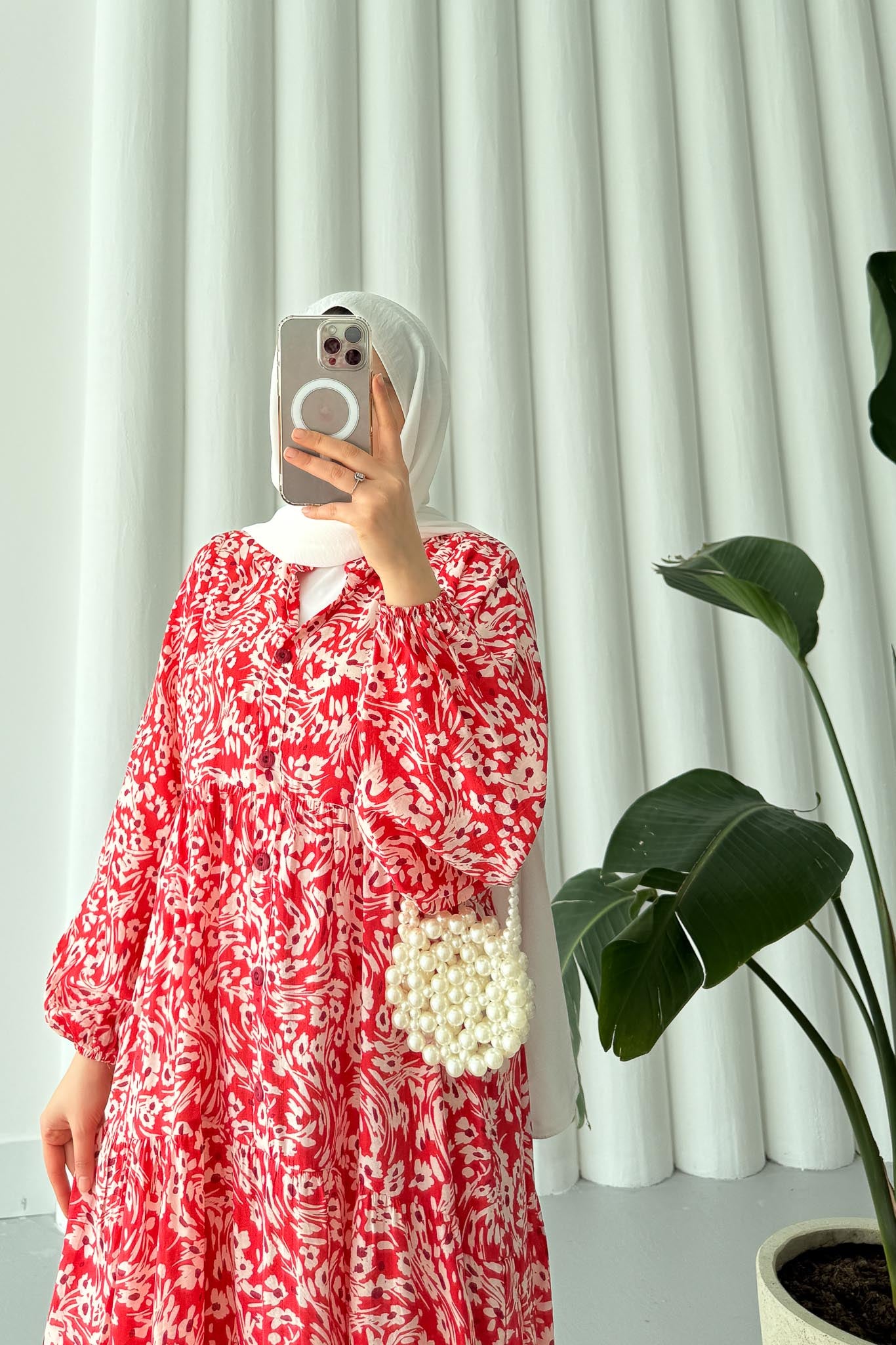 Papatya Desenli Elbise Fuşya