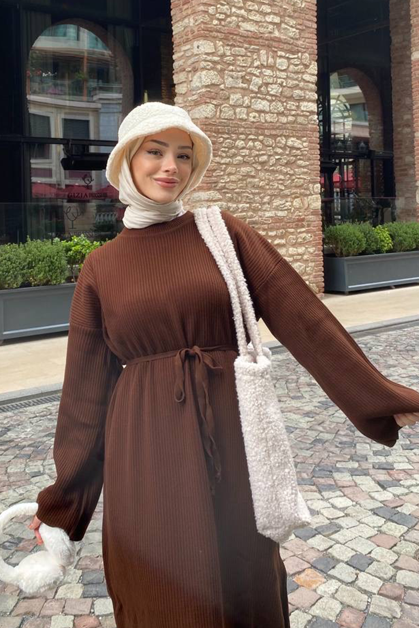 Nesire Fitilli Triko Elbise Kahverengi