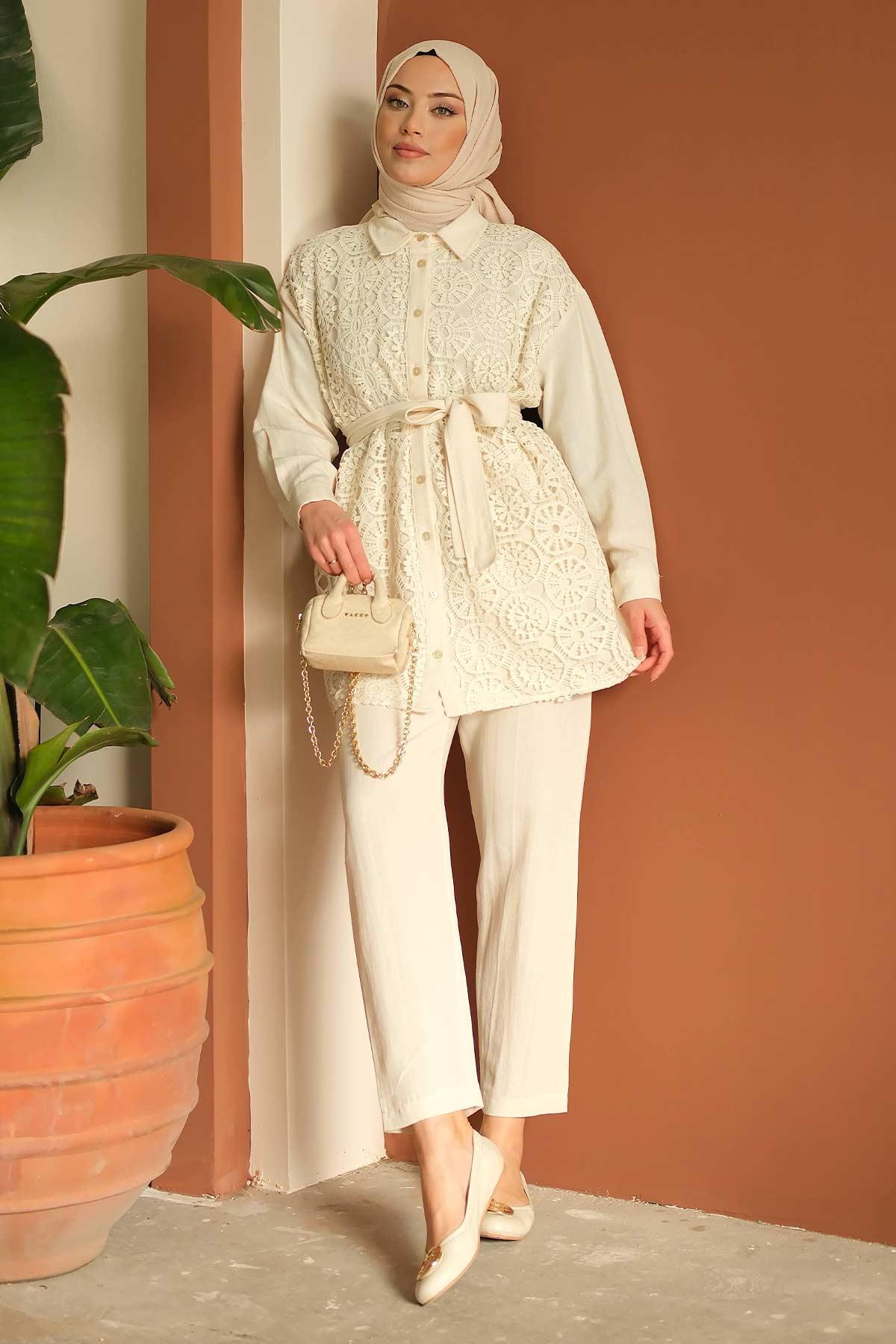 Olive Dantelli Takım Bej