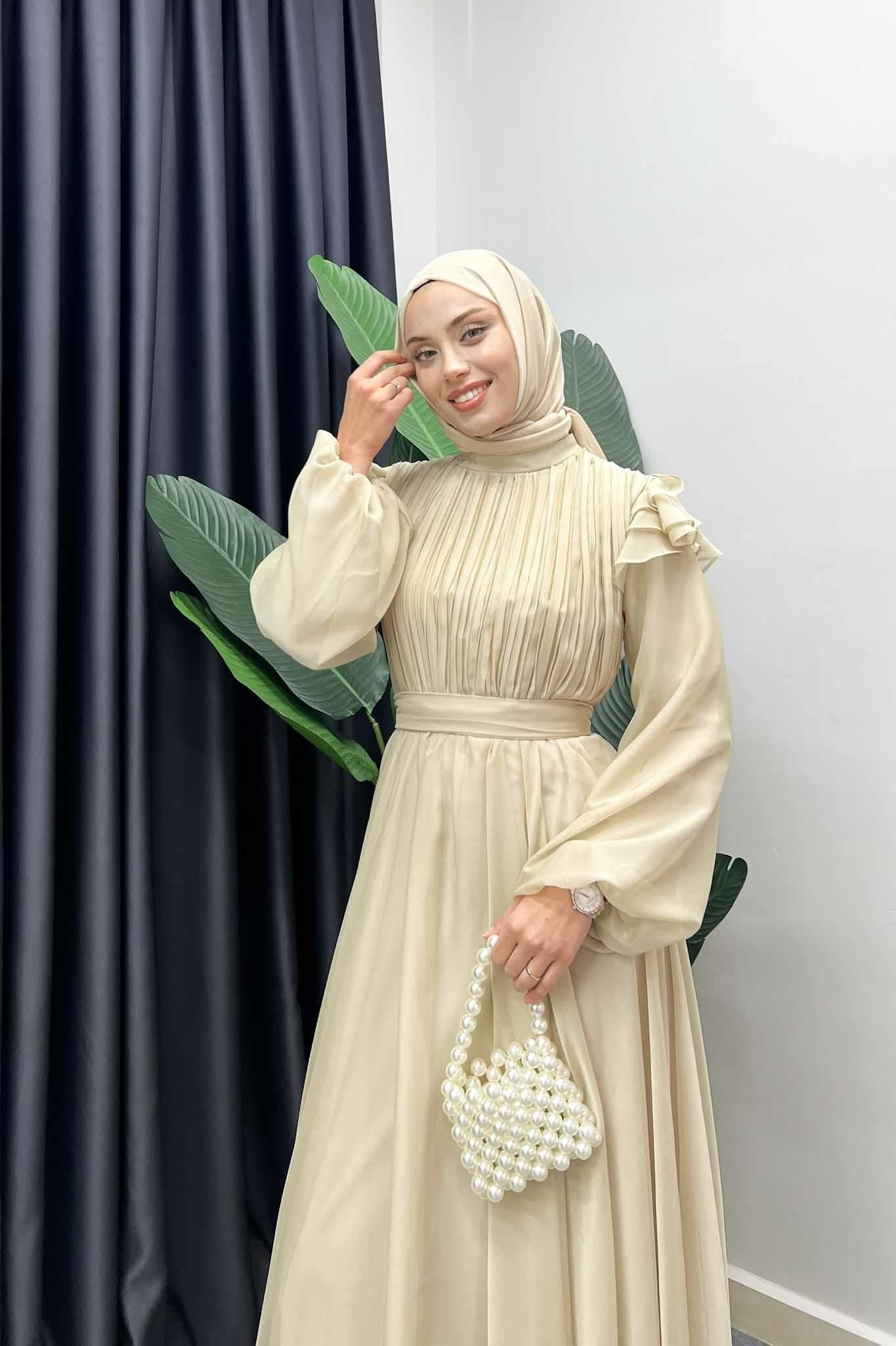 Peri Pırlanta Abiye Elbise Bej