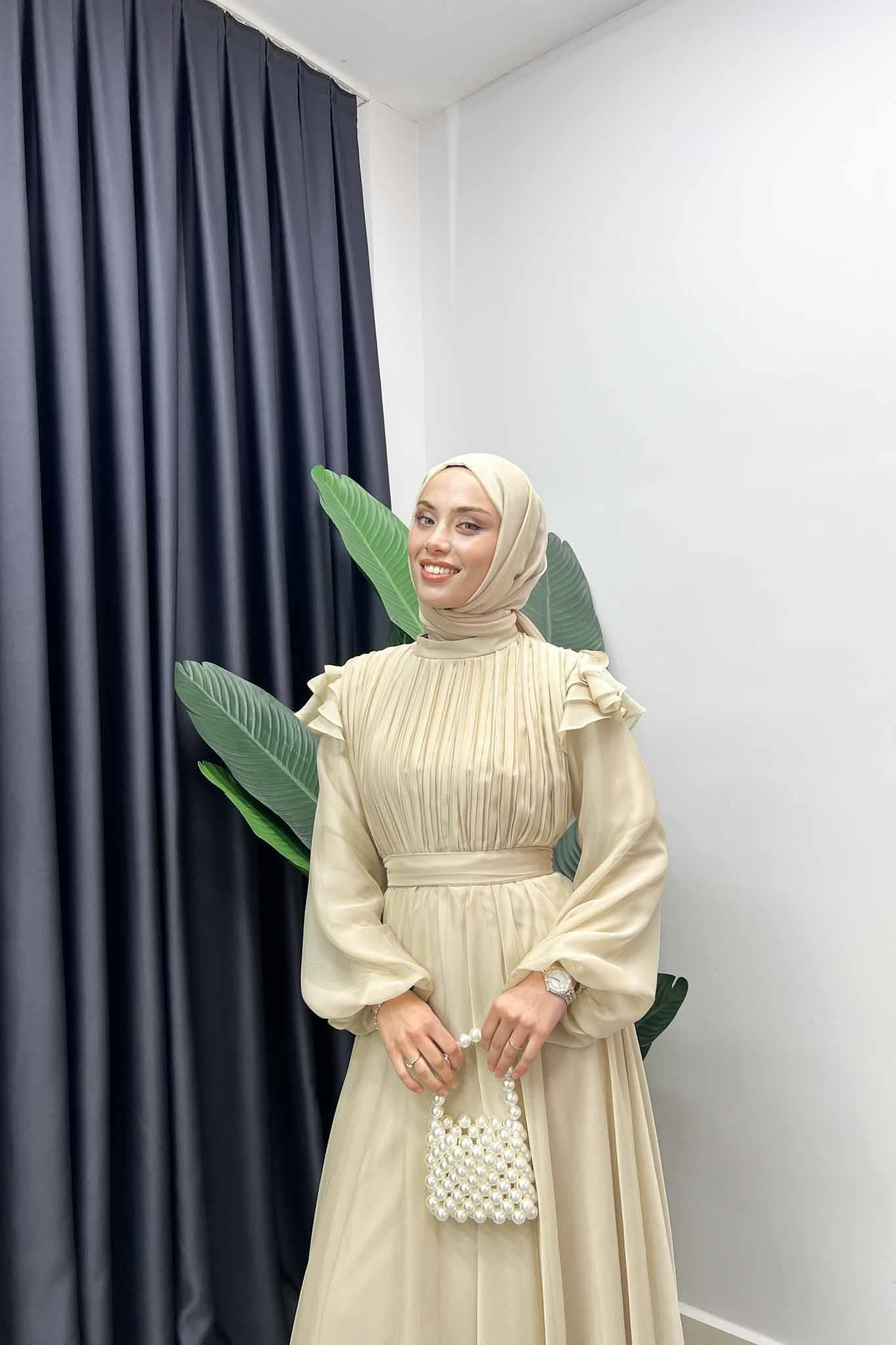 Peri Pırlanta Abiye Elbise Bej